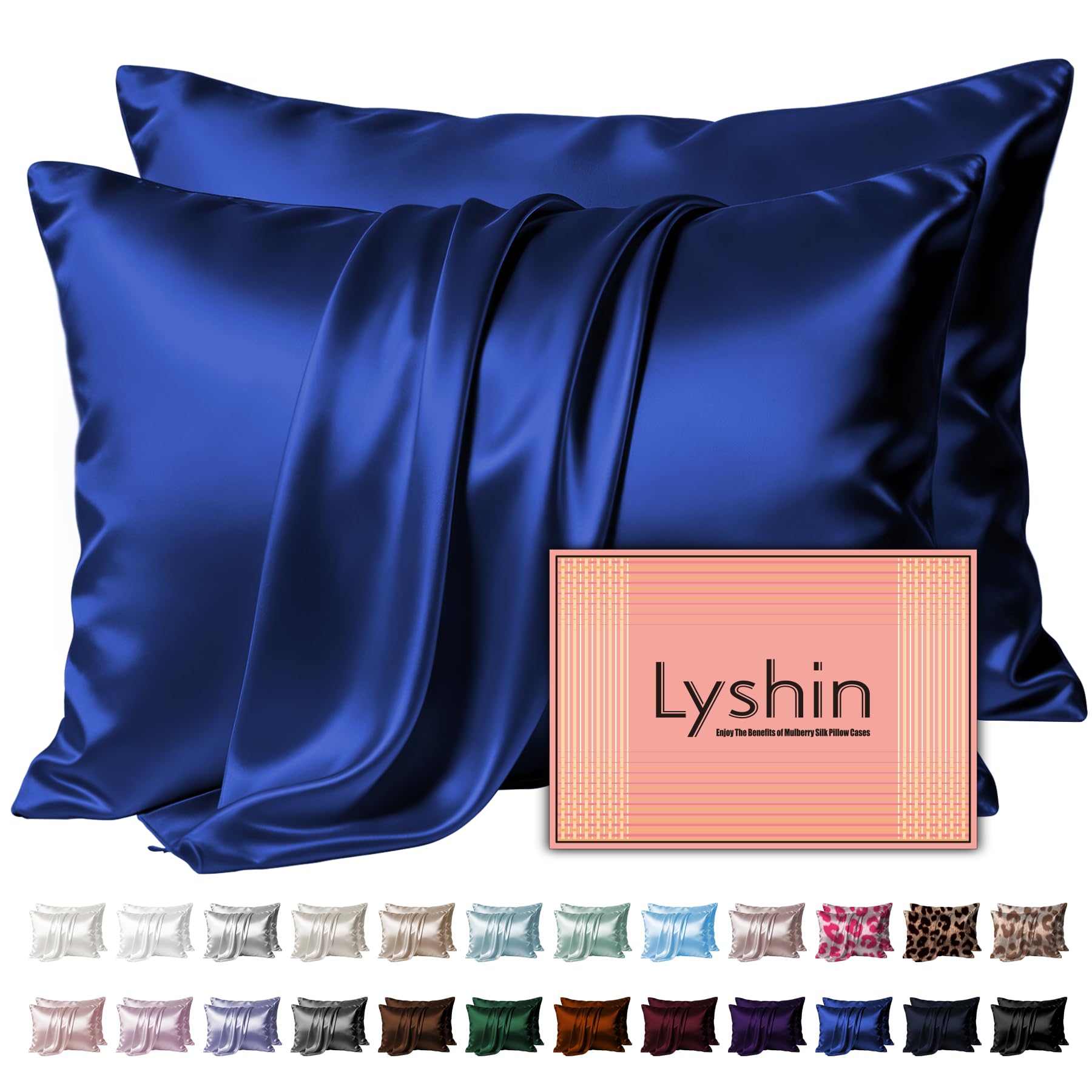 LYSHIN Silk Pillow Cases 2 Pack Standard Size with Zipper, Royal Blue