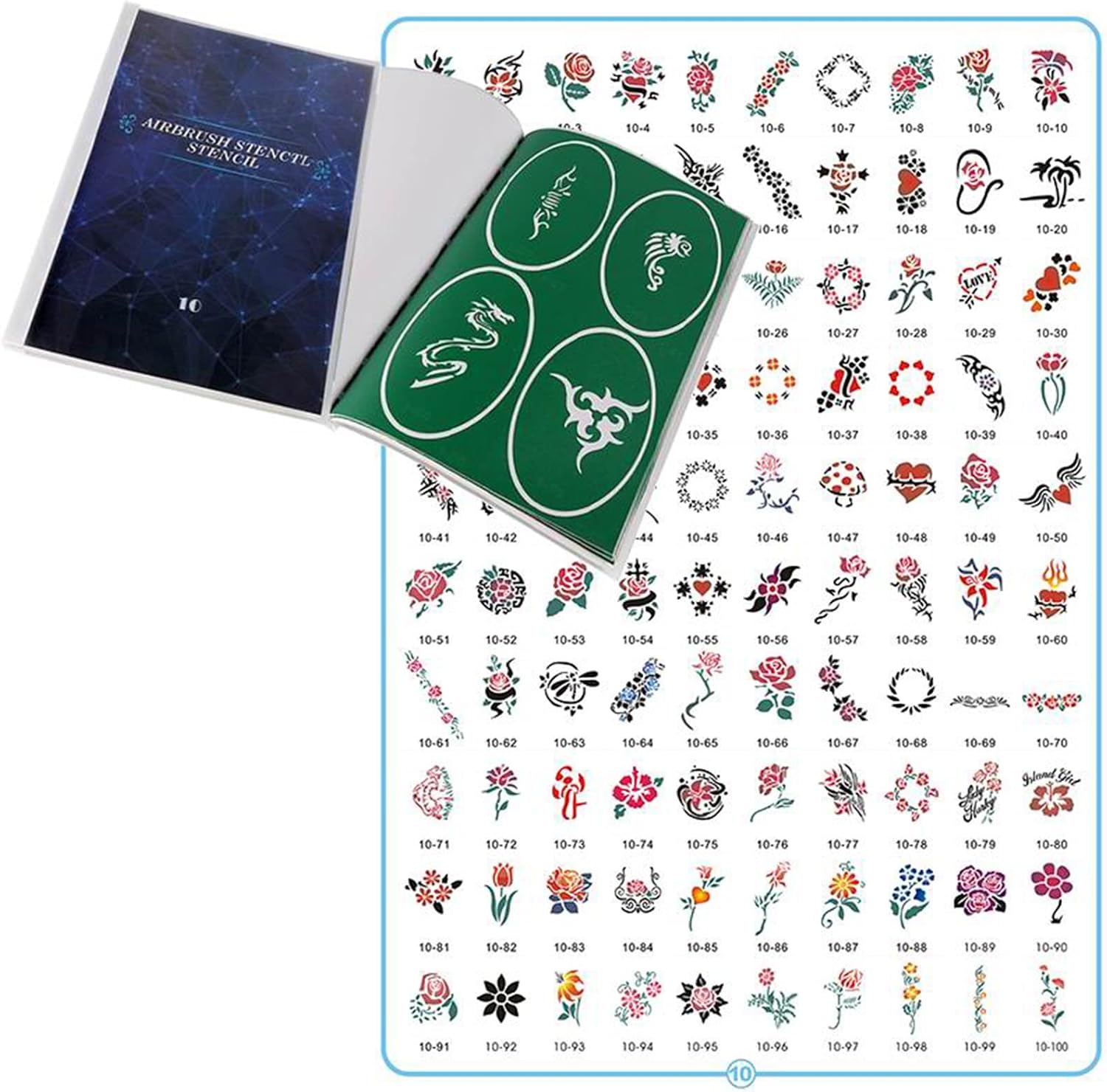 100 Reuseable Airbrush Temporary Tattoo Stencils Book of Flowers Airbrush Tattos for Face, Body, Paint Art, Hobby