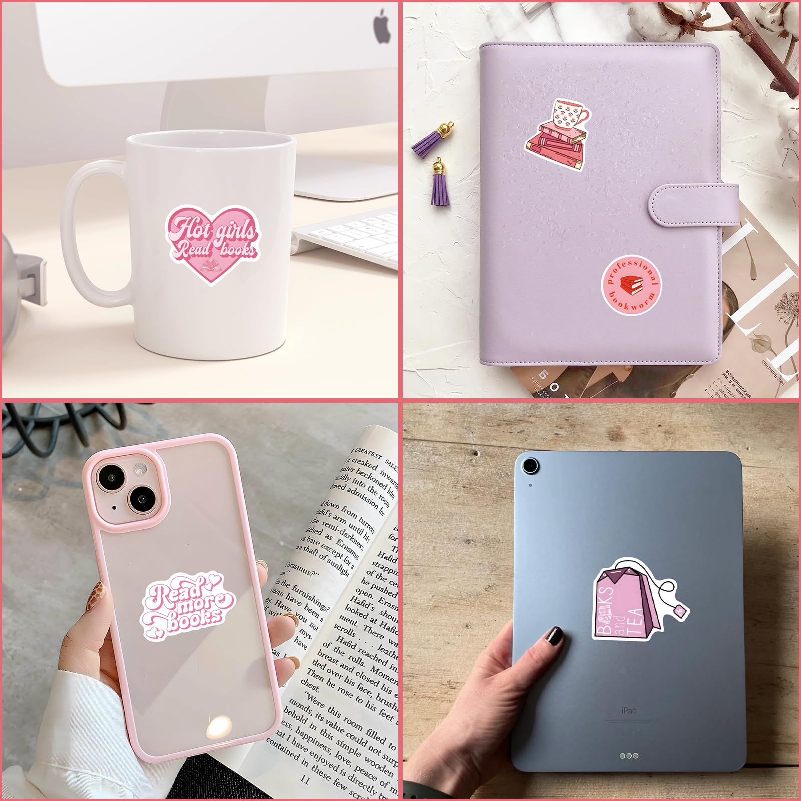 120 adesivi a forma di libro rosa, adesivi estetici autoadesivi per