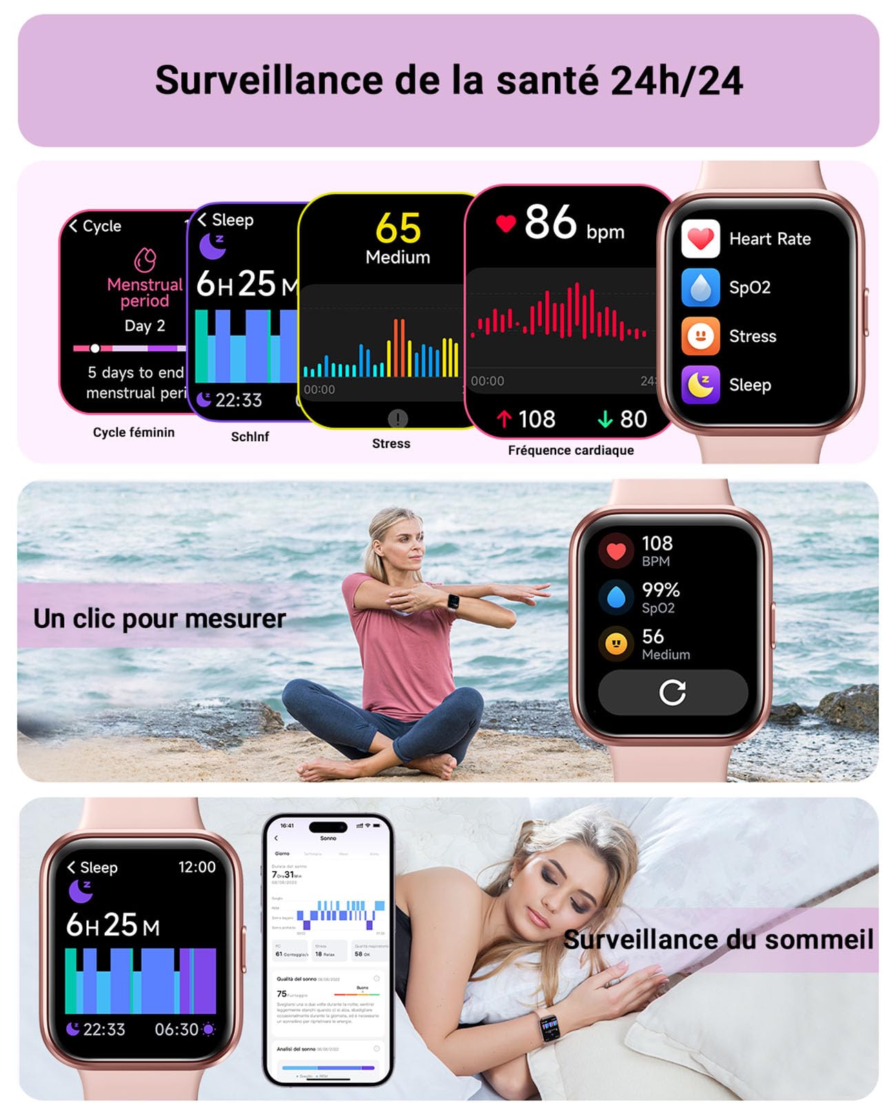Montre Connectée Femme, 1,85" Homme Smartwatch pour Samsung iPhone Android, Alexa intégrée 3ATM 100+ Modes Sportifs Moniteur de SpO2/Sommeil/Fréquence Cardiaque/Podometre/Calories Rose