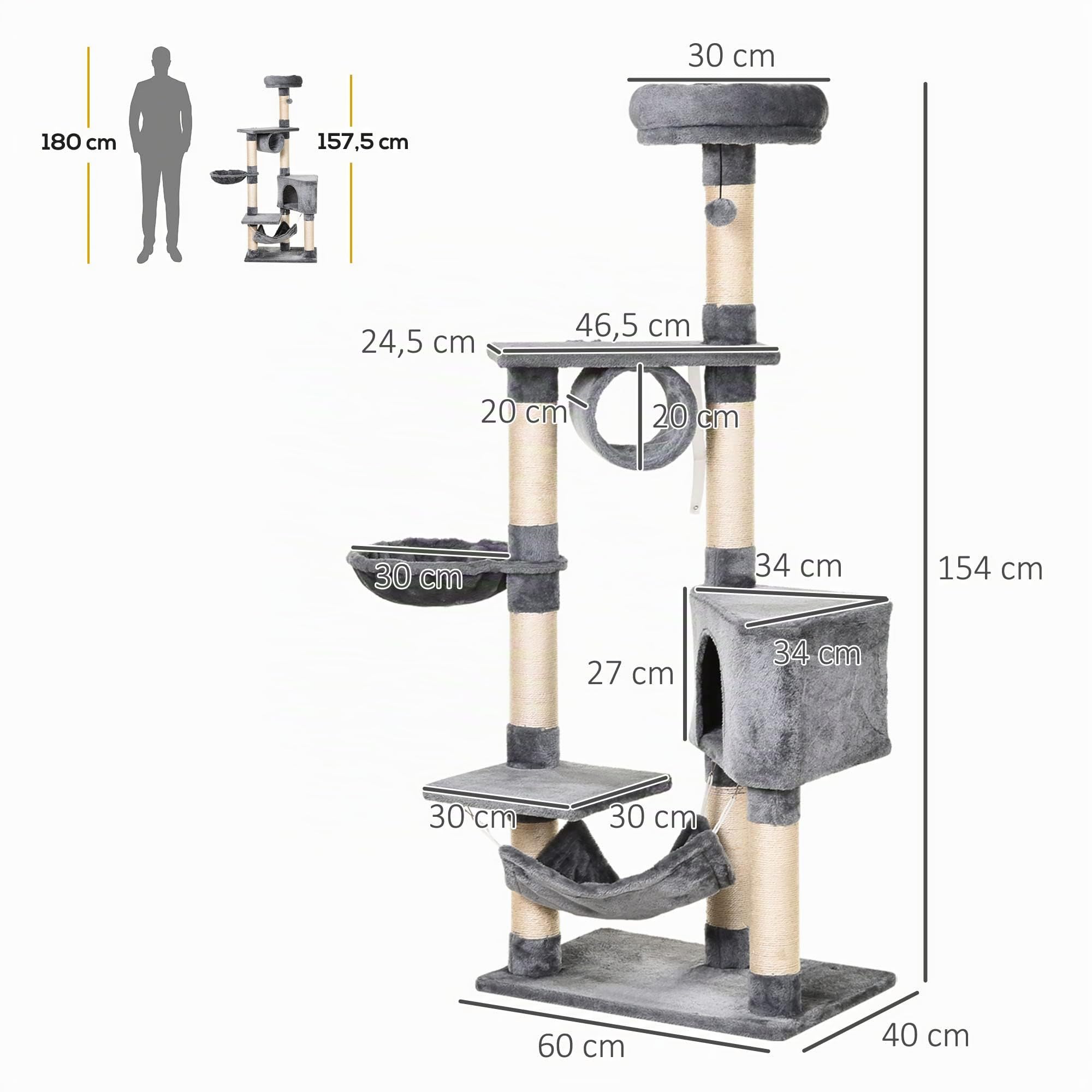 PawHut Árbol Rascador para Gatos 154 cm de Altura Torre 60x40x154 cm Gris | Plataformas, Túnel, Hamaca, Postes de Rascado