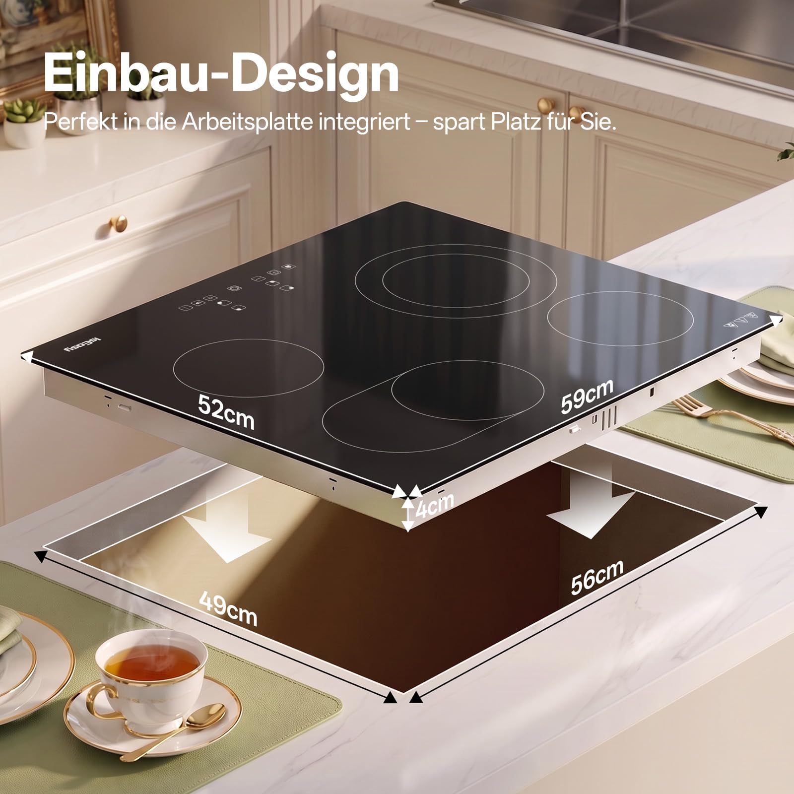 IsEasy Glaskeramik-Kochfeld 60 cm (6600W) – Autarkes Elektrokochfeld 4 Zonen mit Touch-Steuerung Mit Flexibler Oval- & Doppelringzone | 9 Leistungsstufen