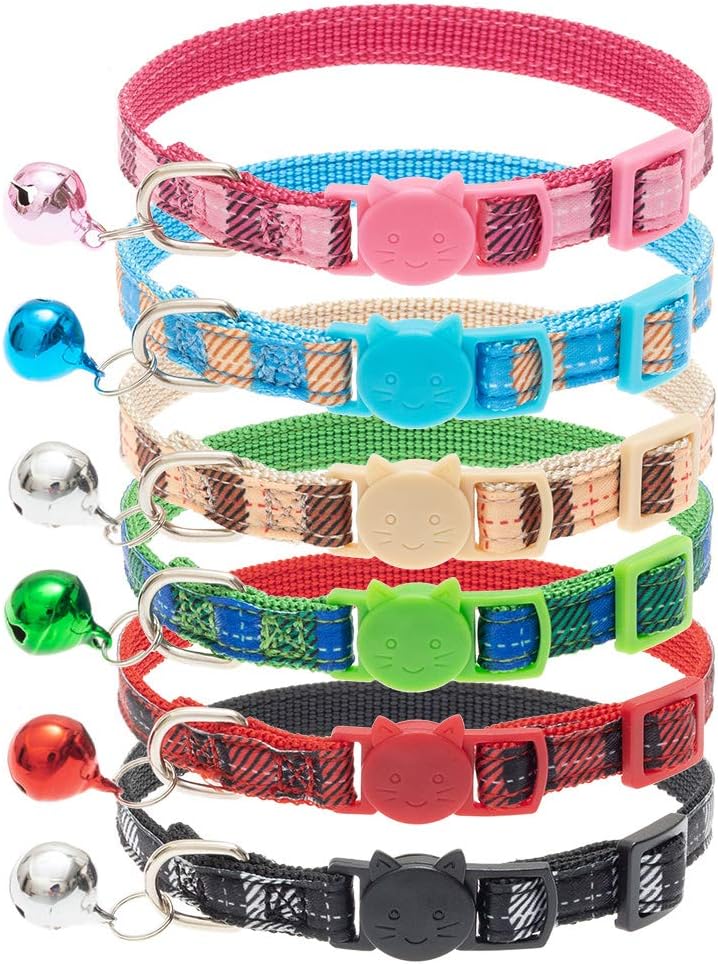 PUPTECK Cat Collars Breakaway with Bell - 6 Pack Plaid Safety Adjustable Collars, Cute and Soft for Kittens, Puppies, Small Pets
