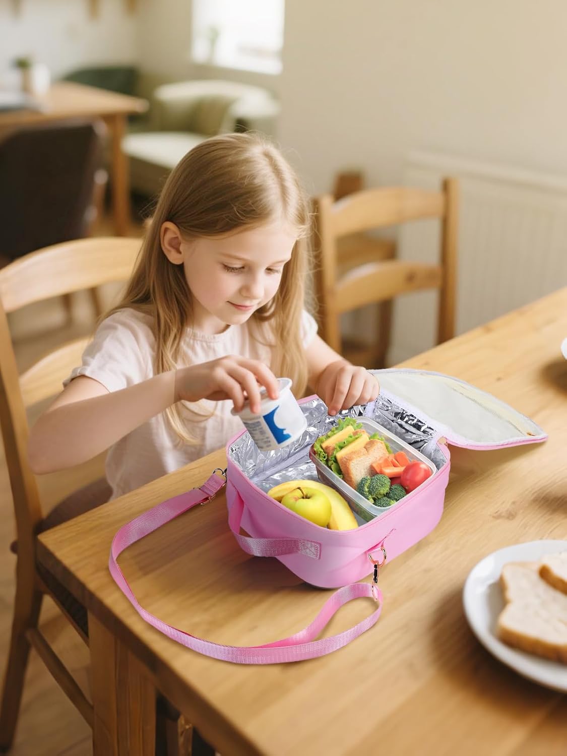 Alphatool Insulated Kids Lunch Bag with Adjustable Strap - Reusable Easy to Clean Lunch Bag for Girls, Hold Kids Lunch Box Snacks Water Bottles for School, Pink