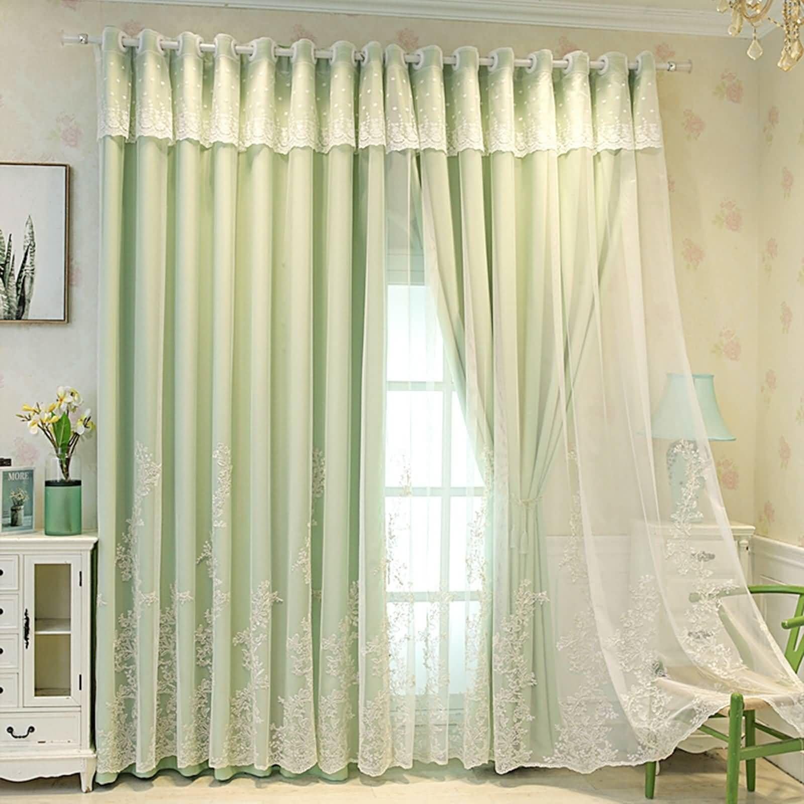 Rideaux occultants vert clair 132x241cm rideau fenetre salon double couche gaze brodee oeillet