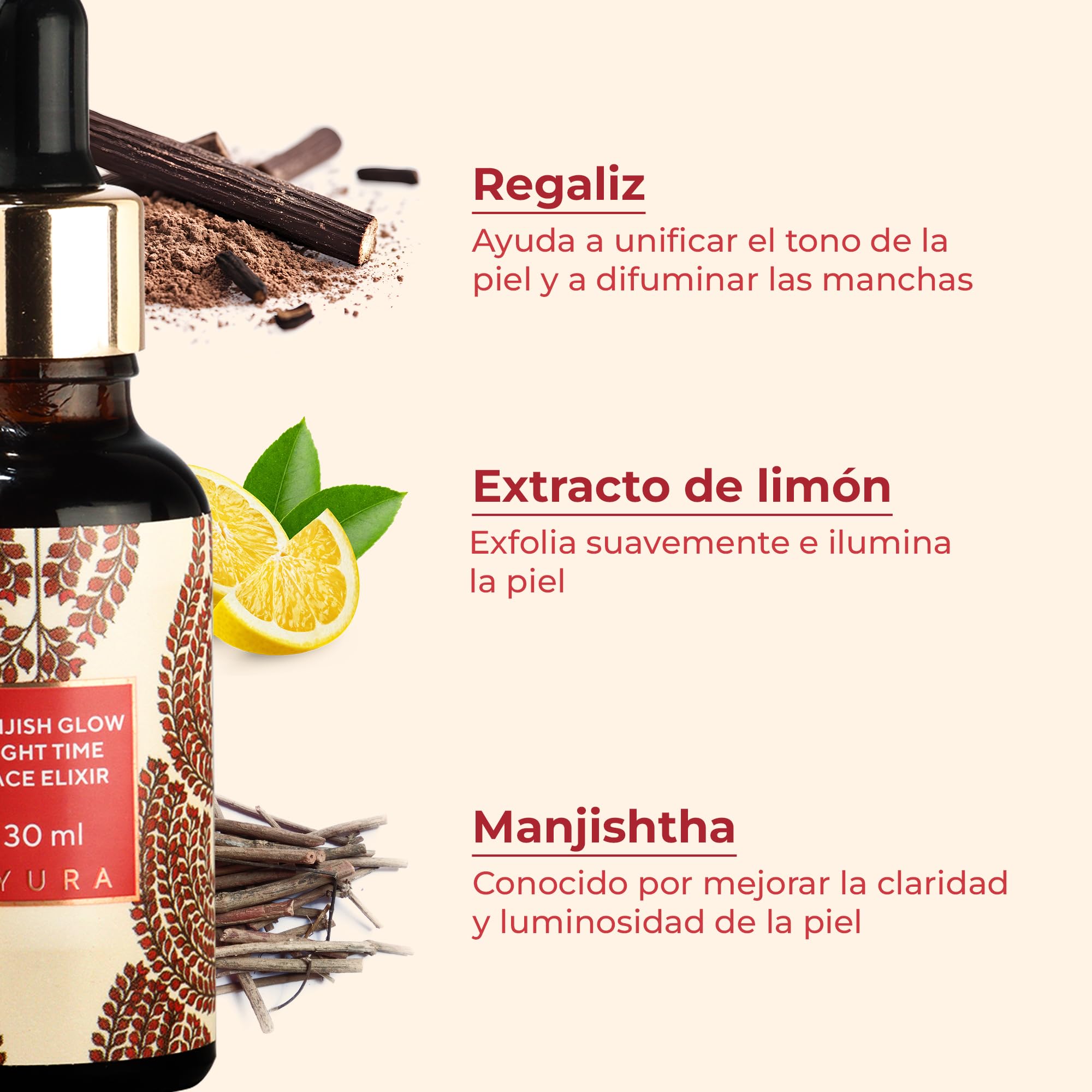 iYURA Manjish Glow Night Time Face Elixir | Aceite Facial Hidratante | Para una Piel de Aspecto Luminoso y Uniforme | Con Manjistha y Limón | 30 ml