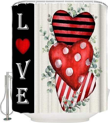 LBHAUSE Cortina de ducha de tela impermeable cortina de ducha de arpillera de San Valentín para bañeras cortinas de ducha lavables con 12 ganchos 60