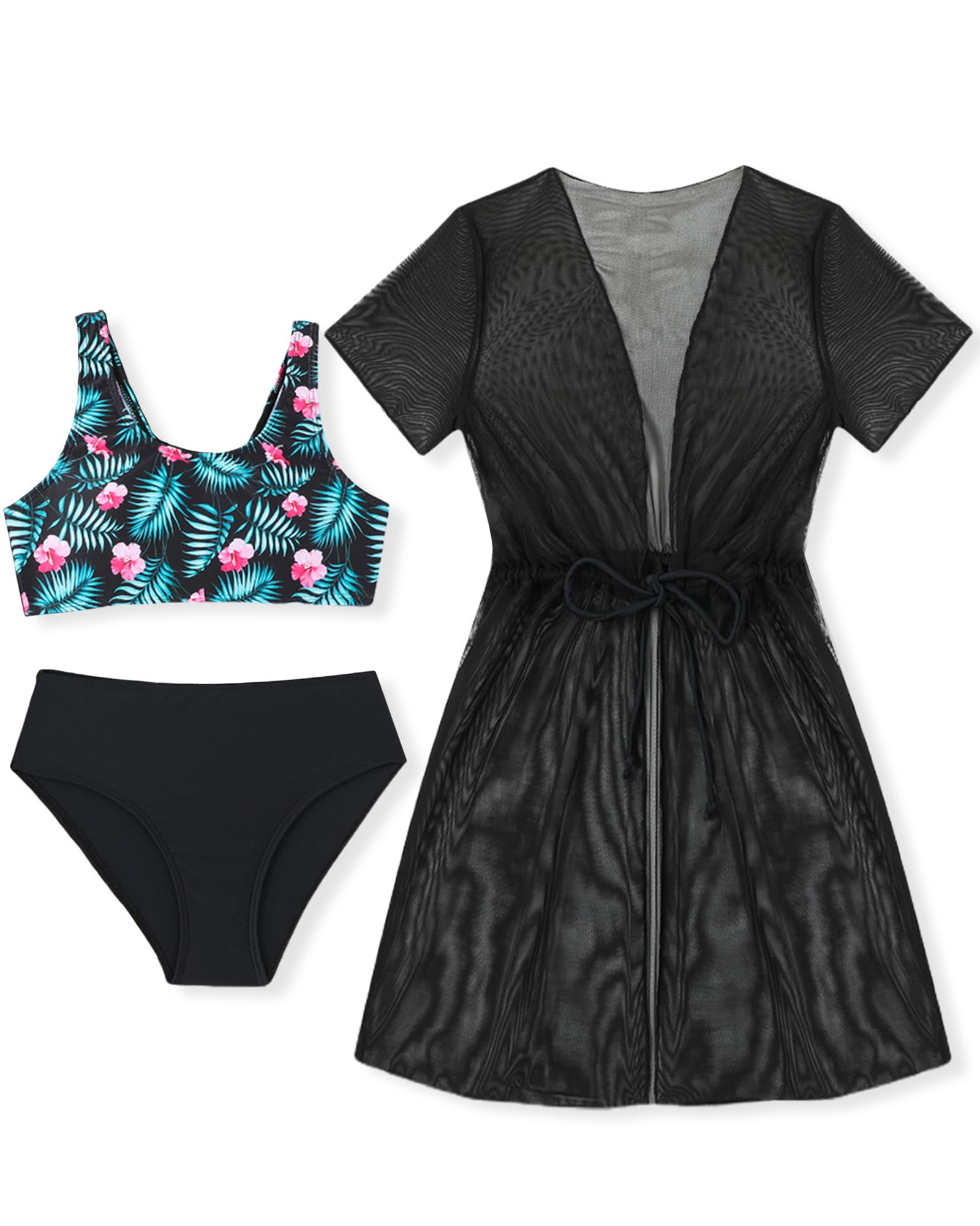 OFIMAN Traje de baño para niñas, conjunto de bikini de 3 piezas, traje de baño para niña, traje de baño con kimono, verano y playa