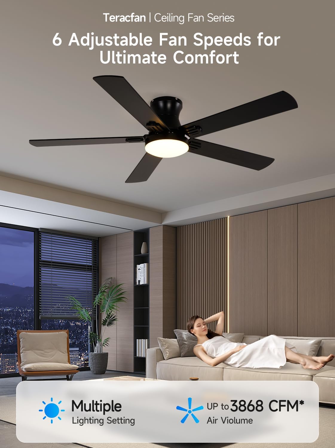 52 Inch Black Ceiling Fans with Lights, RGB Ceiling Fan with Remote and App,Flush Mount Low Profile, Dimmable 35W LED, Reversible, Smart Ceiling Fan for Bedroom Nursery Living Room Apartment
