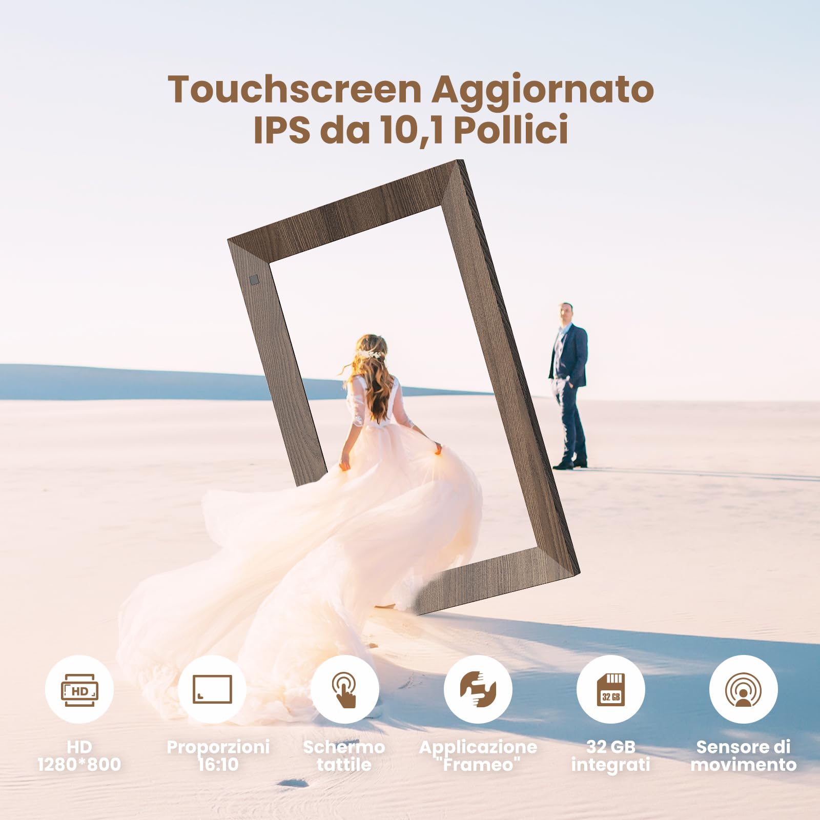 Marco de Fotos Digital WiFi 10.1 Pulgadas SONVGOO, Pantalla táctil IPS HD de 1280×800 con 32 GB, Sensor de Movimiento, Montaje en Pared, Comparte Videos y Fotos con La Aplicación FRAMEO, Marrón Madera