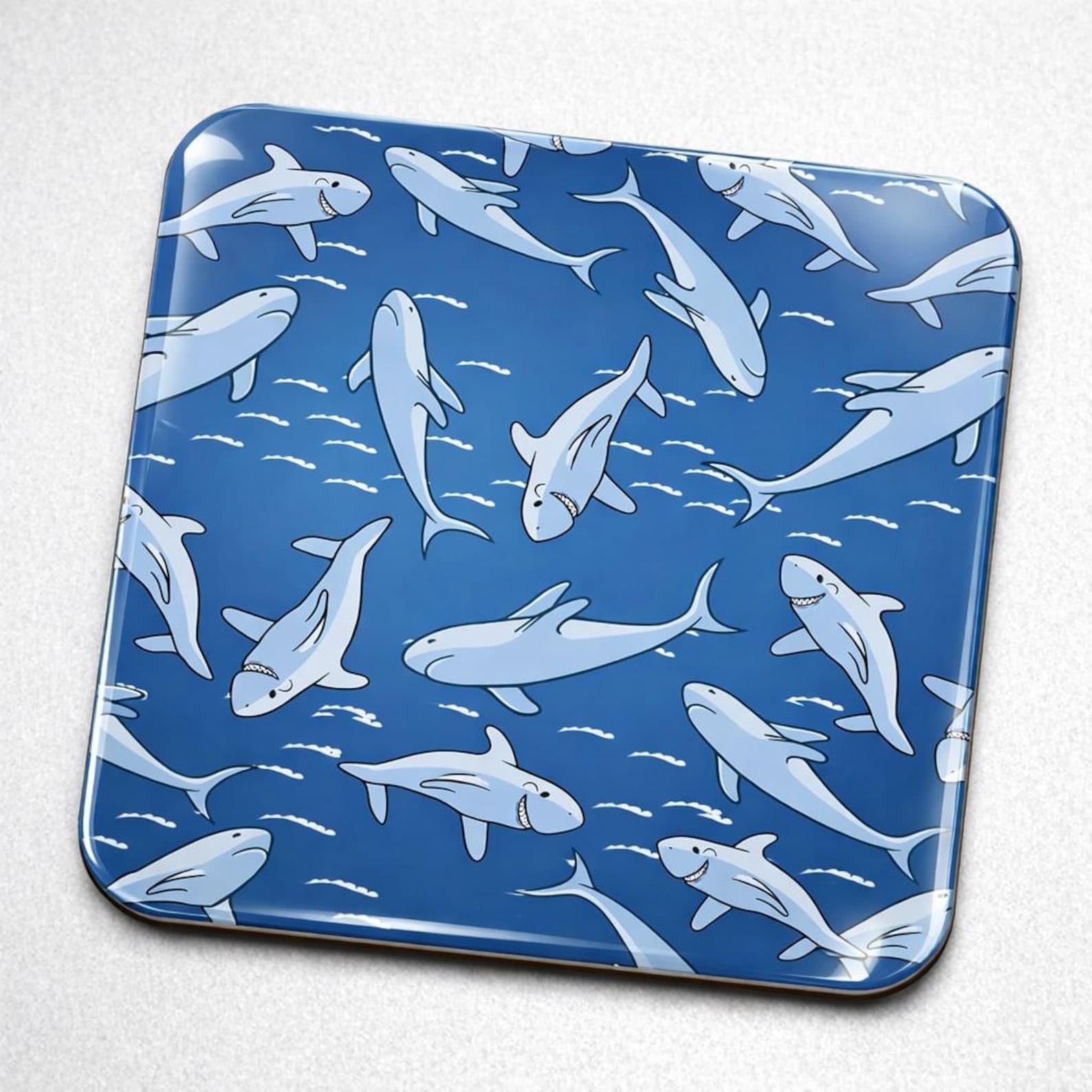 Half A Donkey Multicolor Blue Shark Coaster – Marine Pattern Square Glossy Drinks Mat