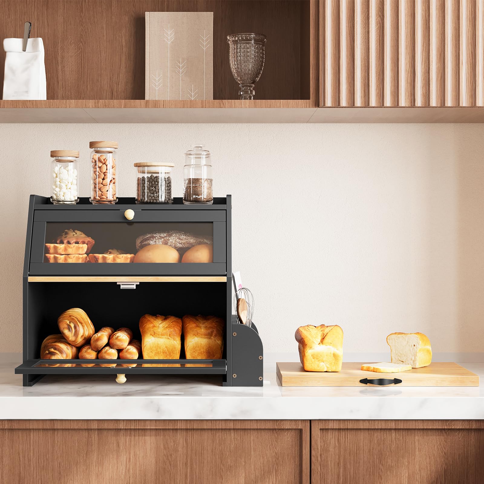 HOOBRO 2-stöckiger Brotkasten Bambus mit Schneidebrett und Besteckhalter, Brotbox mit Acryltüren, Brotkorb, Brotaufbewahrung, Brotbehälter für Küche und Esszimmer, Schwarz und Natur EBY23MB01