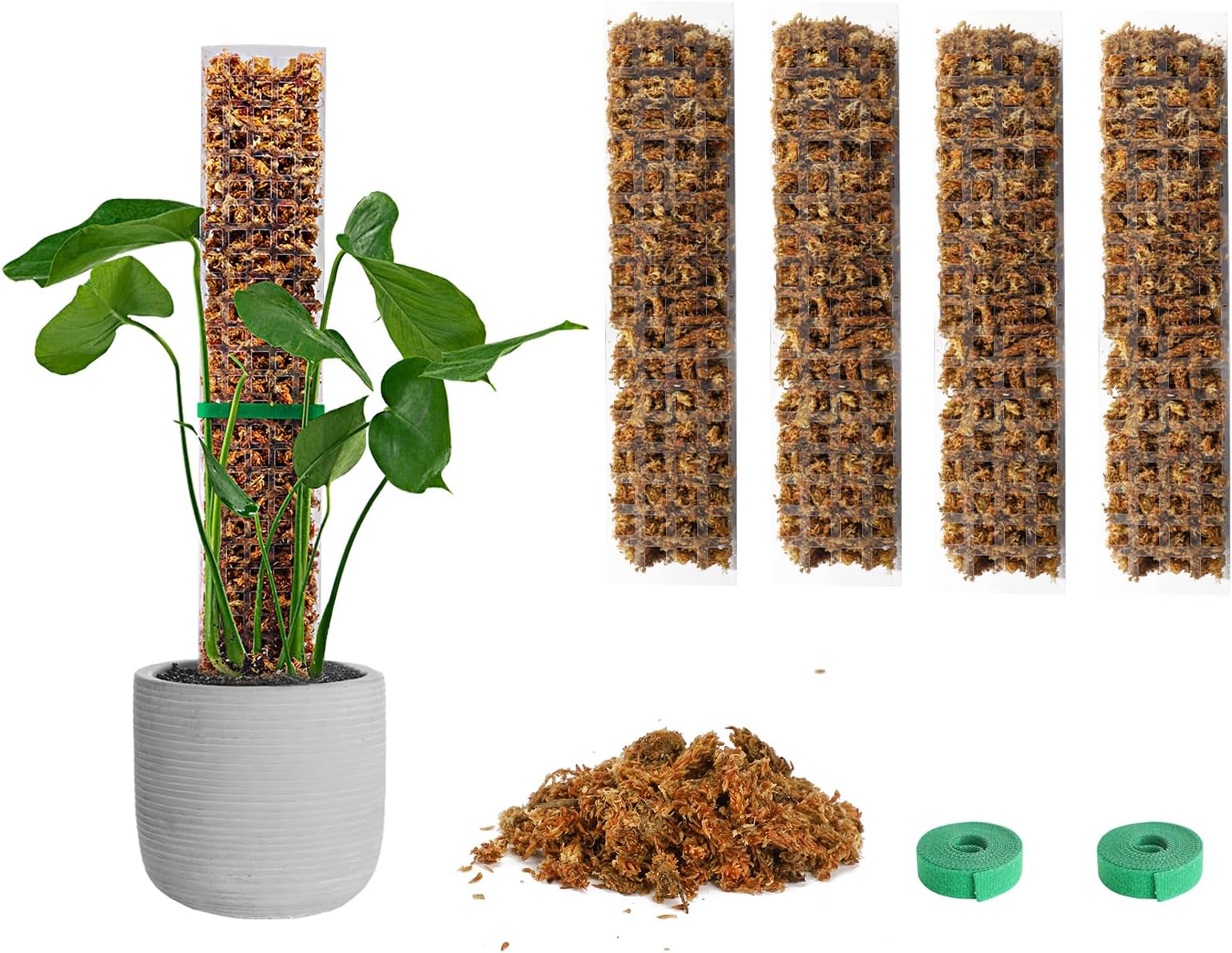 EOX 4 Pcs 15 Inch Plastic Moss Pole for Plants Monstera Set with 5.3oz/150g Sphagnum Moss, Plant Poles for Climbing Plants, Plant Support for Indoor Plants, Garden Ties