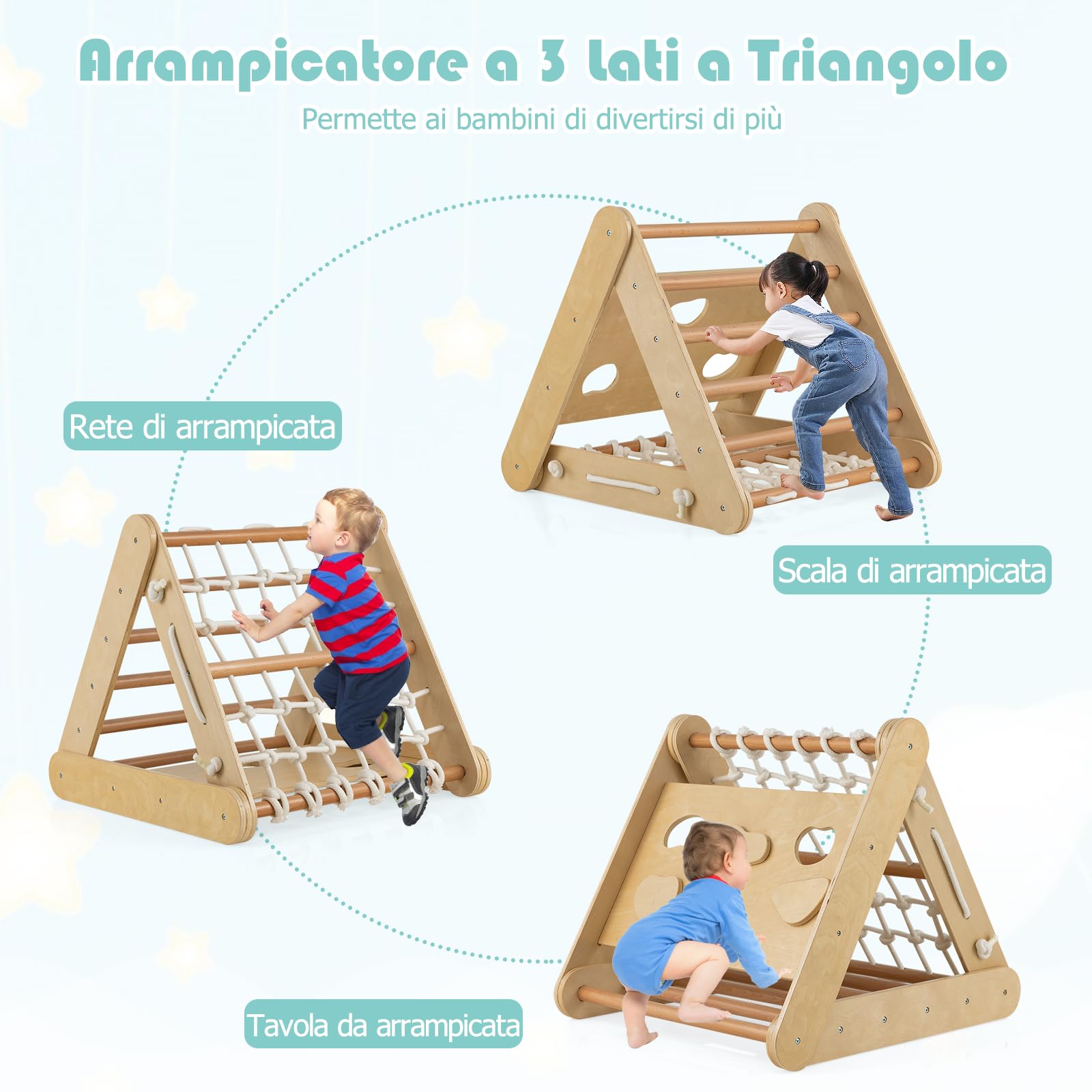 GYMAX 3 in 1 Scala di Arrampicata per Bambini, con Rete di Arrampicata, Tavola e Scala di Arrampicata e Scivolo, Struttura a Triangolo in Legno per Uso Interno (Naturale)
