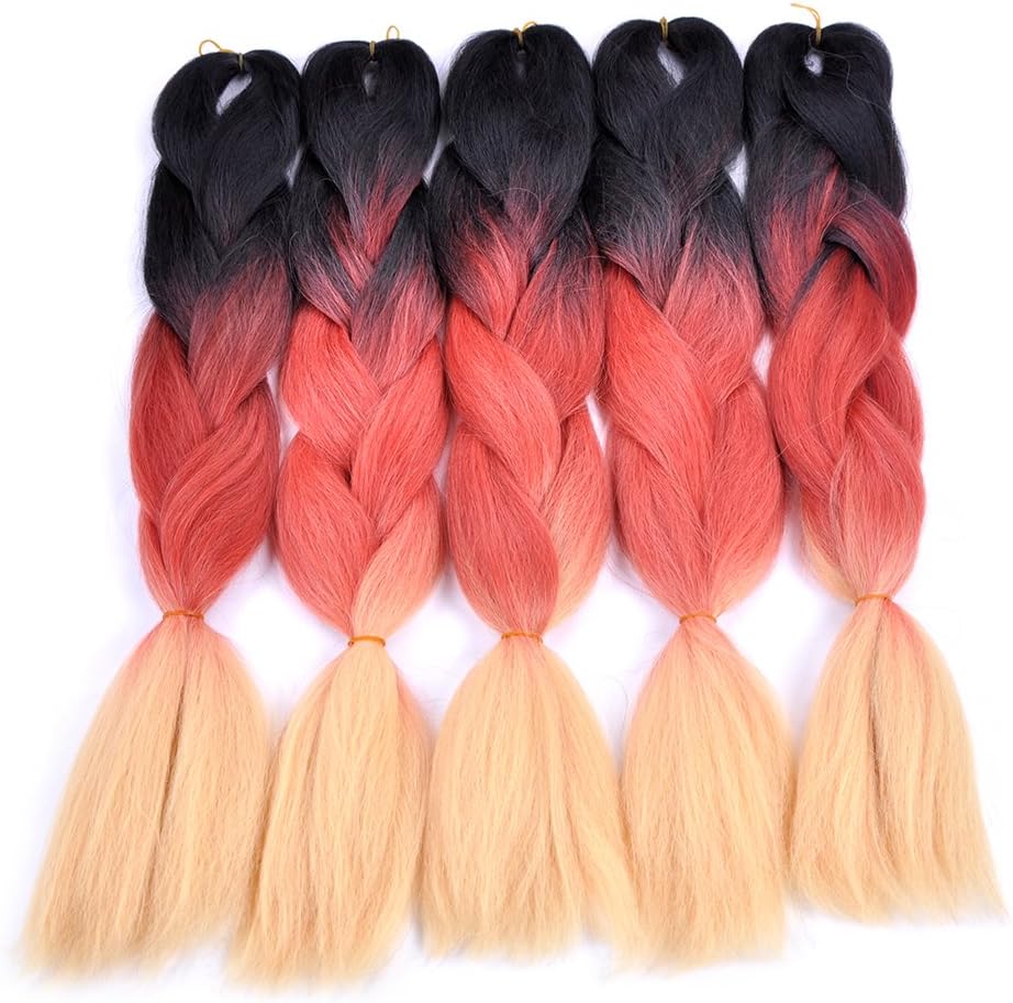 Jumbo Braiding Hair Kanekalon 5pcs/lot (black/brick red/yellow orange) Afro Synthetic Braiding Hair Extension 24" Ombre Colors