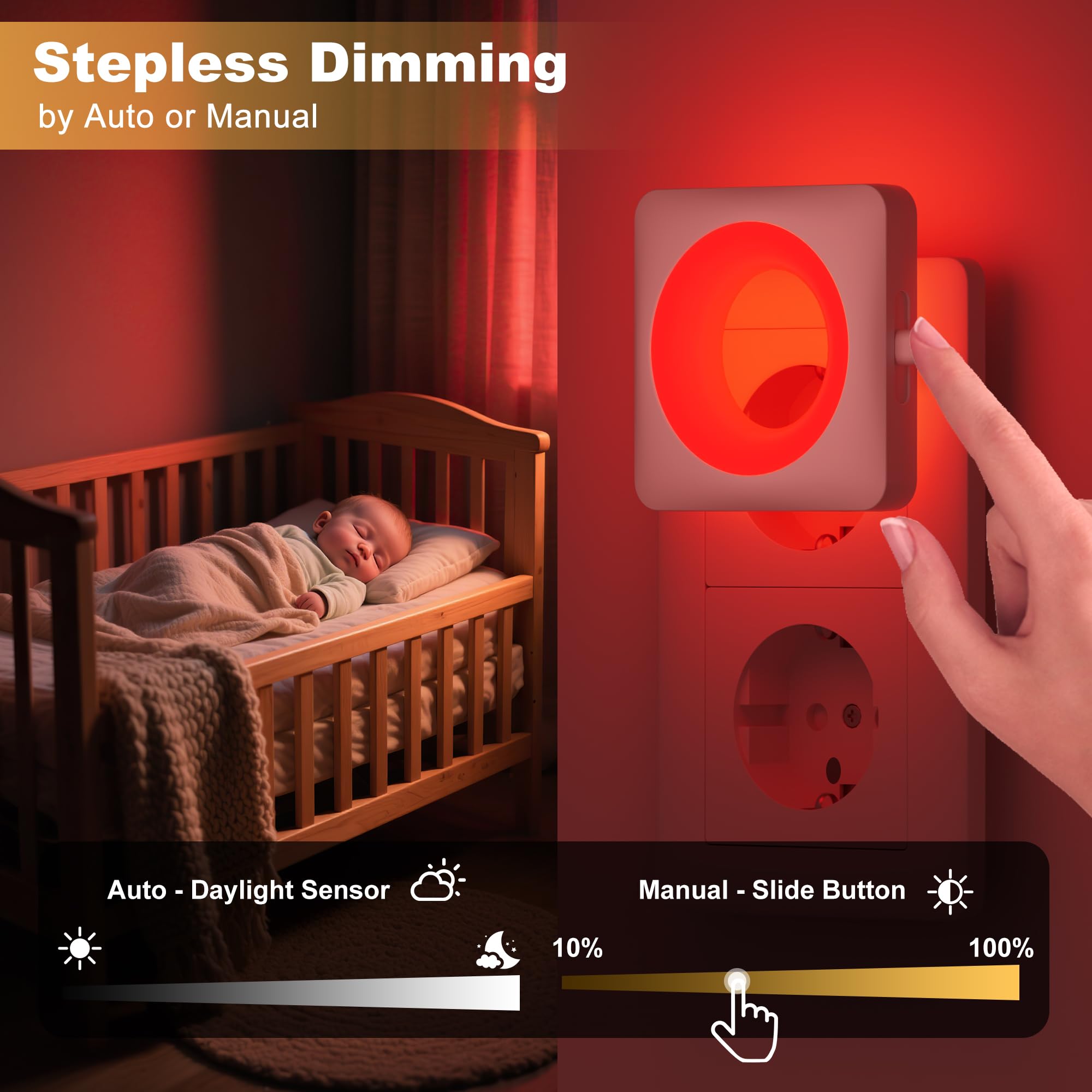 Swoieltr Luce Notturna Bambini da Presa, [2 Pezzi] Rosso Rilassante Luci con Sensore Crepuscolare e Automatico Luminosità Regolabile per Camera da Letto, Corridoio, Scale, Bagno