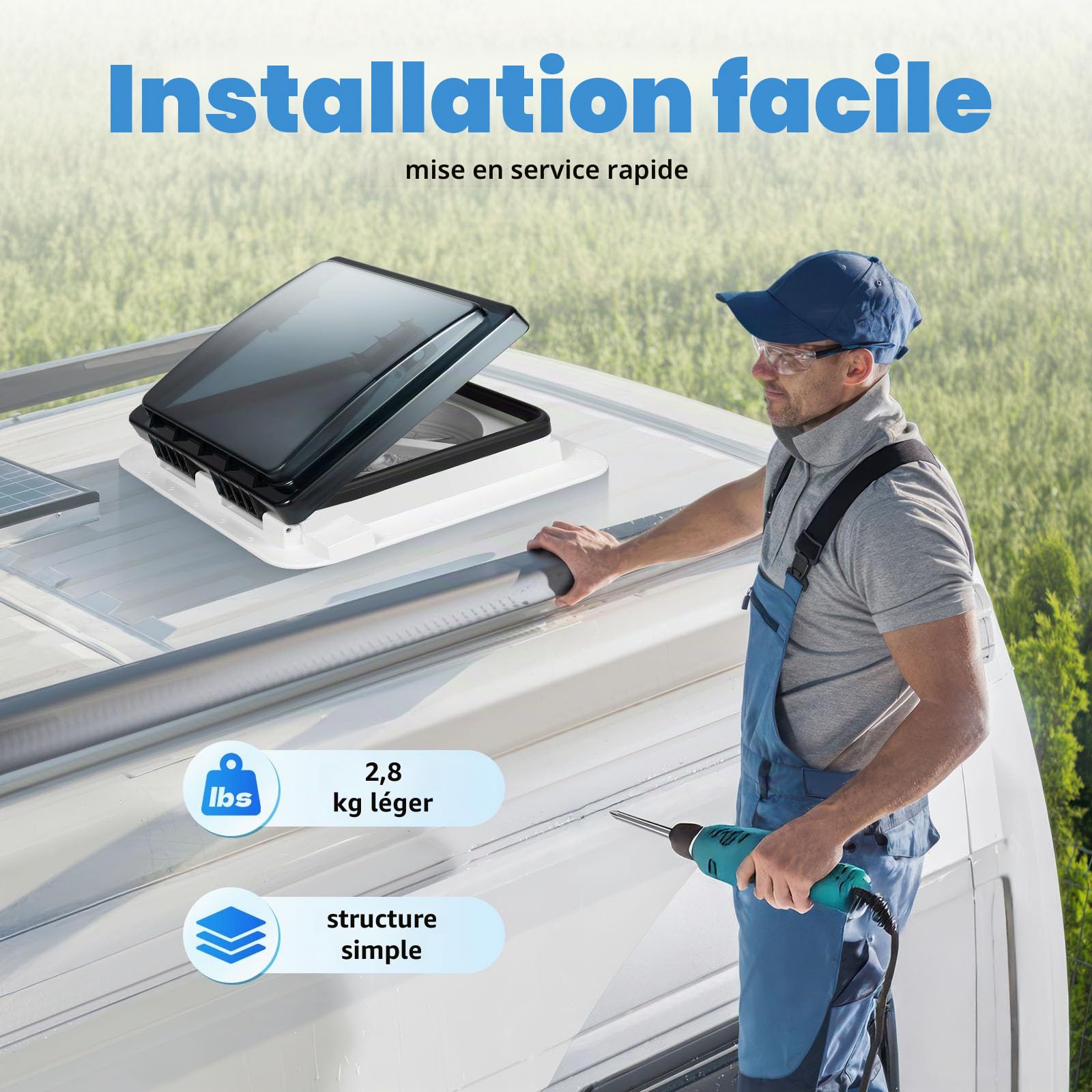 Ventilateur de toit 28 x 28 cm, 12 V, pour camping-car, IP68, imperméable et silencieux, 20 – 65 dB, ventilateur d’extraction réversible avec 4 LED et 10 pales (5 – 35 m³/min, cadre de