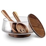 Large Glass Salad Bowls Set with Acacia Wood Base and Lid and Salad Serving Utensils, Elegant and Practical Salad Bowls for Kitchen Essentials Party