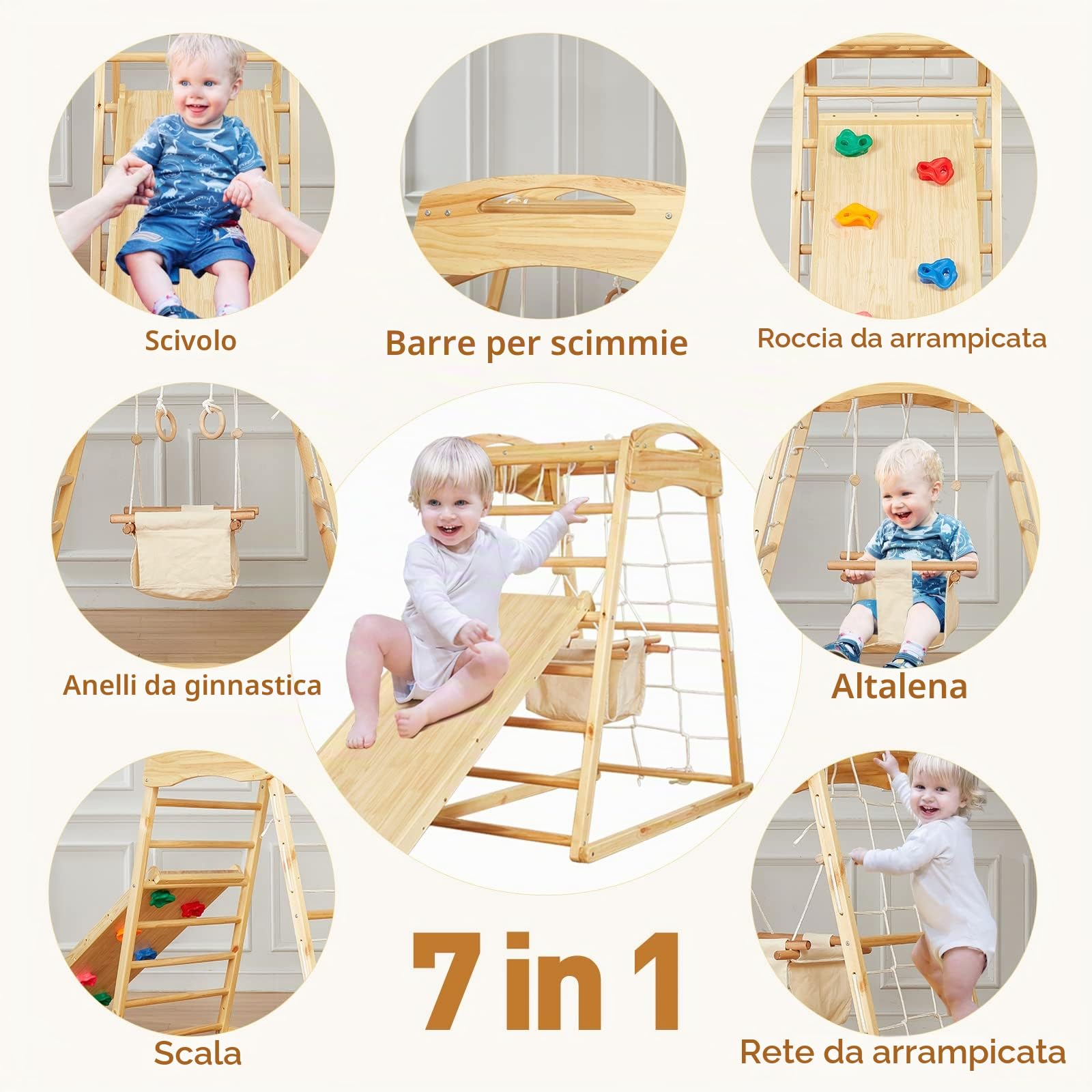 FUNLIO Parco Giochi in Legno 7 in 1 per Bambini 2-5 Anni, Giocattoli Montessori da Arrampicata con Pino Massello, Altalena/Scivolo/Roccia da Arrampicata/Rete/Scala/Trapezio/Anelli Ginnici