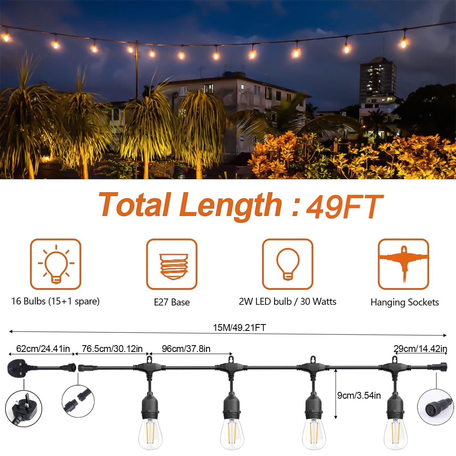 Lichterkette für den Außenbereich, 15 + 1 2 W, S14-Glühbirne, 12 m | 2700 K warmweiße S14 Garten-Soffitten-Lichterkette für Terrasse, Party, Hochzeit, Hof, Pavillon