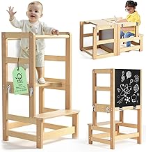 Foldable Learning Tower for Kids - Anti-tip with Blackboard | FSC Certified Natural Wood | Montessori Kitchenware