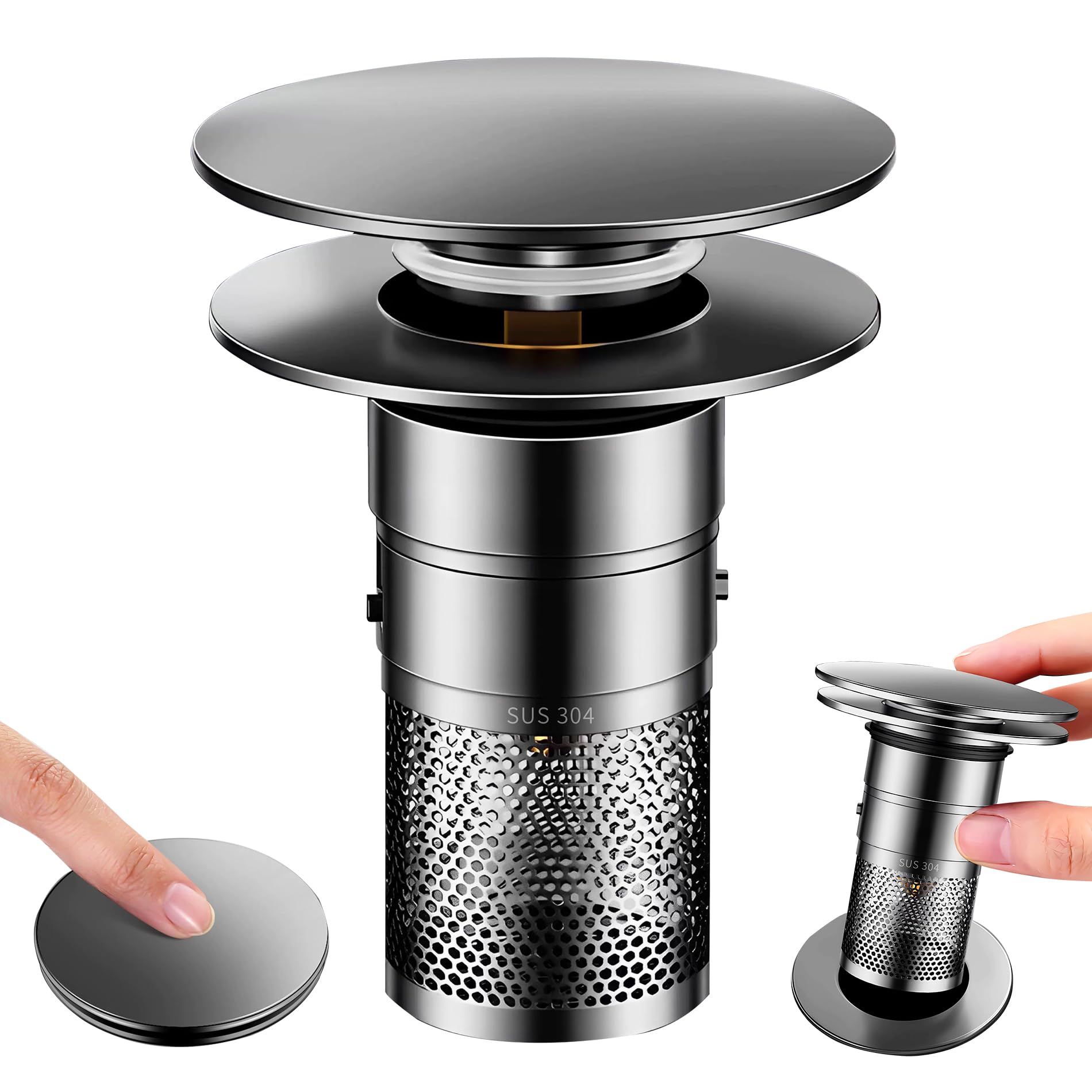 1 PCS Pop Up Drain Strainer, Stainless Steel Kitchen Sink Strainer Plug, Kitchen Sink Plug and Strainer, Universal sink stopper,Suitable for kitchen, bathroom, washbasin, bathtub(Diameter 34 to 40mm)