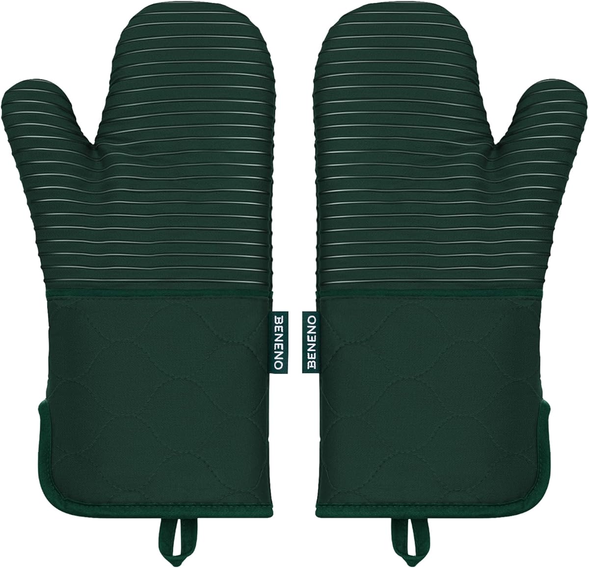 Beneno Kitchen Oven Mitts 2-Pack Heat Resistant to 500°F with Non-Slip Silicone Grip, Extra Long 14.3" Forearm Protection, Soft Quilted Cotton Terry Lining, Ideal for Cooking, Baking, Grilling, Green