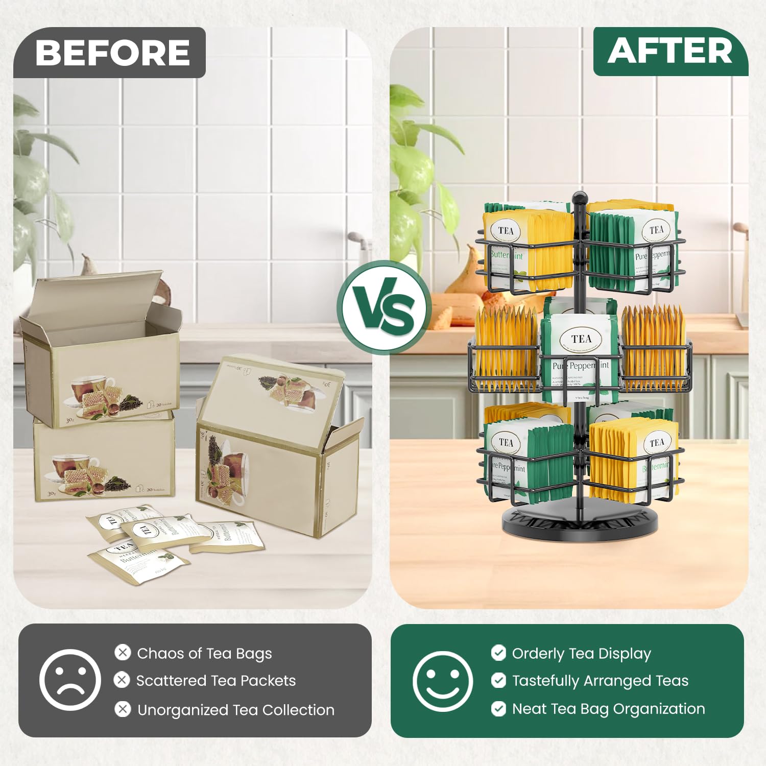 EsLuker.ly Organisateur de sachets de thé en métal rotatif à 3 niveaux - Pour ranger les sachets de thé - Support de rangement pour sachets de thé - Grand avec 12 compartiments pour la cuisine - Noir