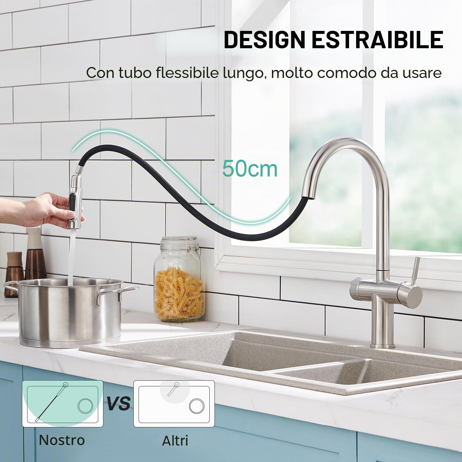 Faustina Rubinetto da Cucina a 3 vie con Doccetta estraibile, Rubinetto da Lavelli per Cucina a doppia leva 3 in 1 per filtro Dell'acqua Osmosi spazzolato