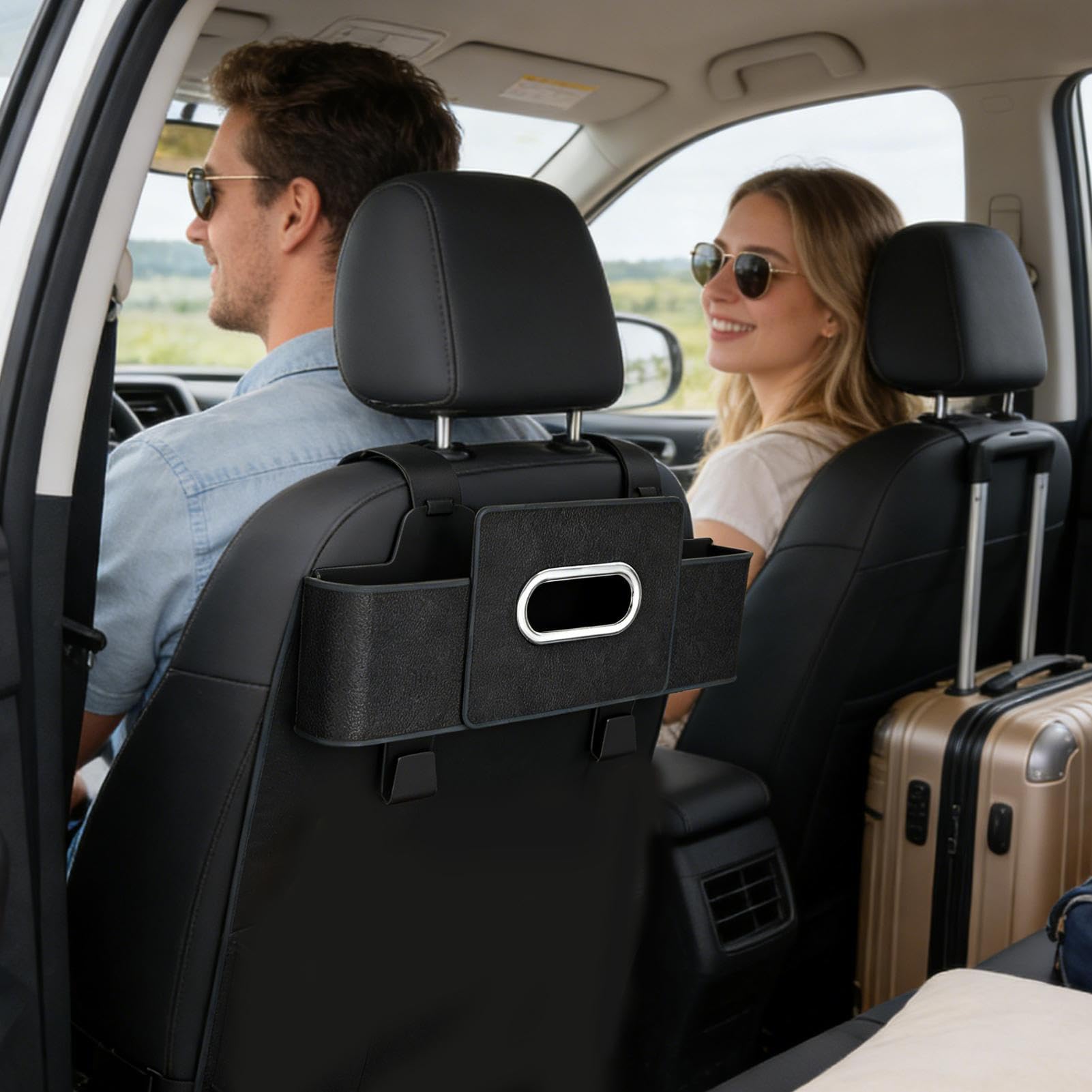Organizador de asiento trasero para coche, soporte impermeable para bebidas con cubo de basura integrado, almacenamiento para asiento de coche con gancho, para teléfono, aperitivos, bebidas, bolso