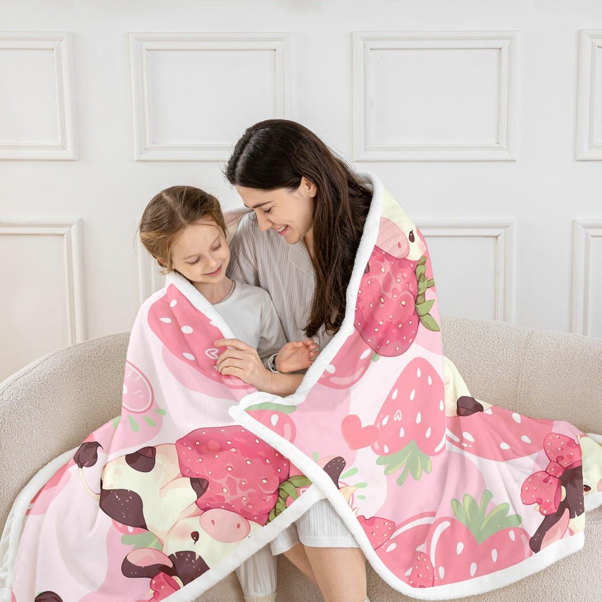 Feelyou Kids Pink Strawberry Sherpa Blanket Queen 90"x90"，Milk Cow Fleece Throw Blanket for Bed Sofa Couch, Kawaii Cute Plush Blanket Fruit