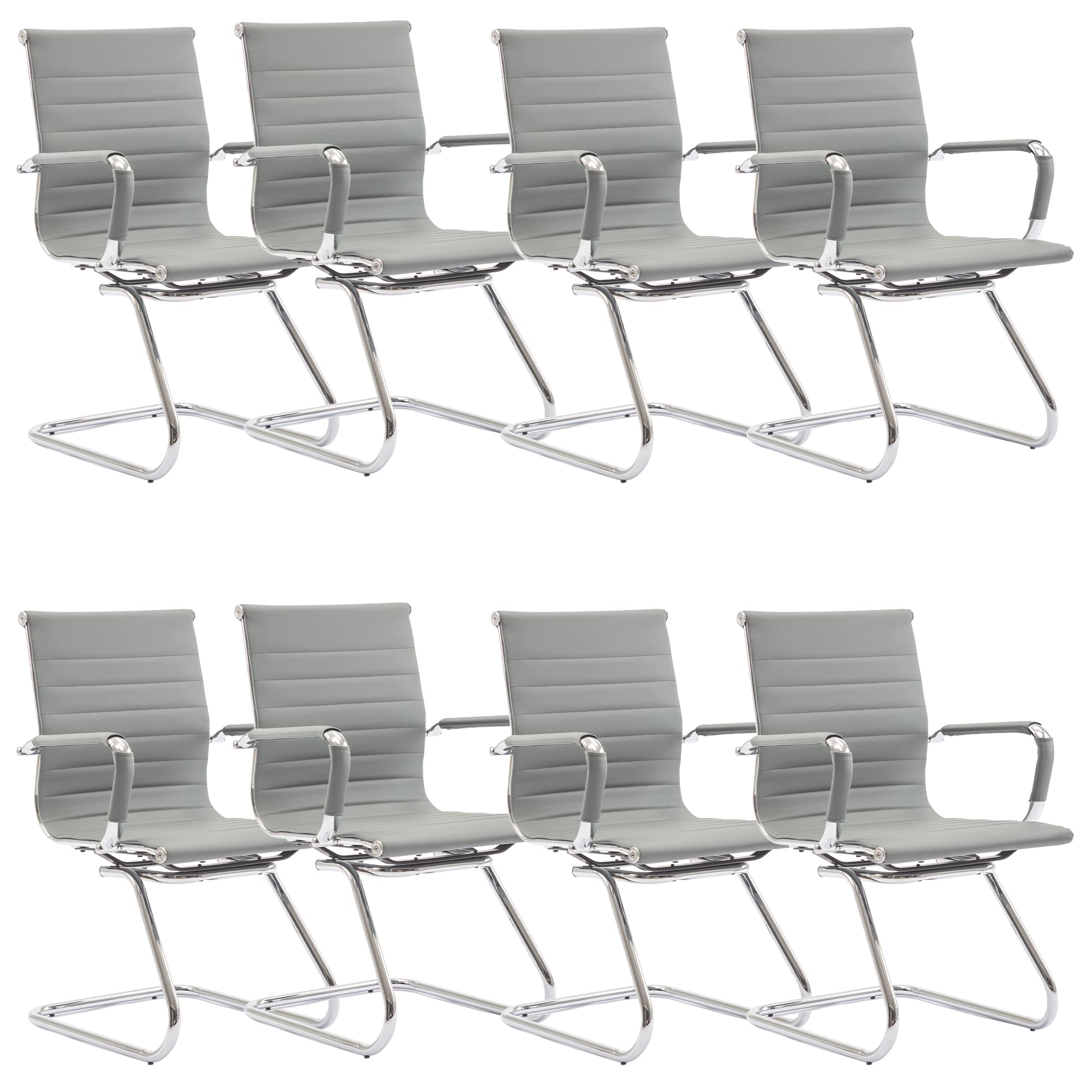 Conference Room Chairs Set of 8, Waiting Room Chairs with Arms, Faux Leather Reception Chairs No Wheels, Office Guest Chairs with Mid Back Support and Chrome Sled Base, Grey