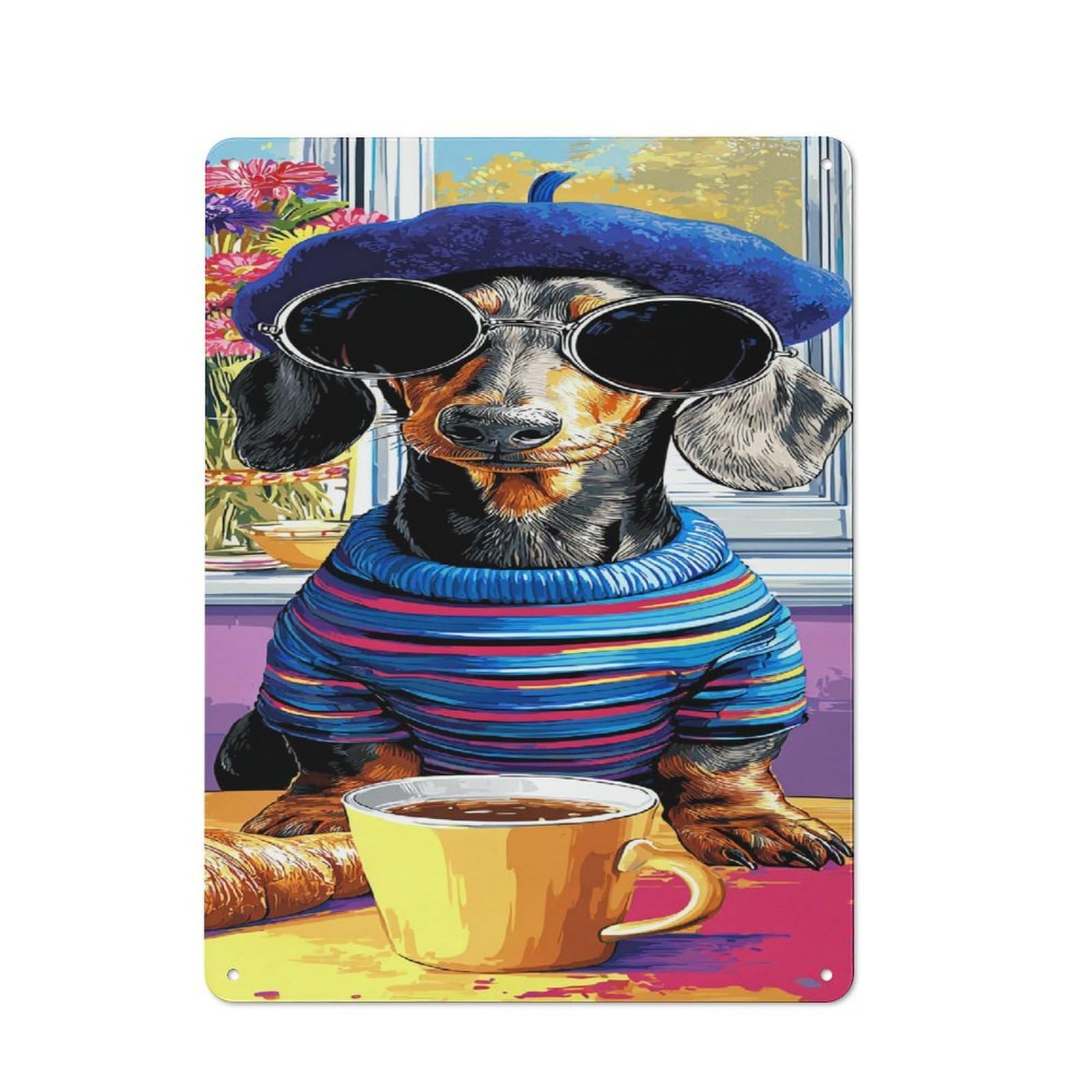 Junmoney Chic Dachshund In Beret With Coffee Loft Style Metal Wall Decor 40X30cm, Decorative Metal Plaque For Loft, Studio, Office Or Creative Room