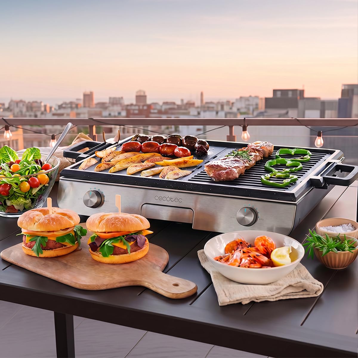 Cecotec Barbecue Elettrico Perfectroast 3000 Inox Max. 3000W, Superficie di Cottura 30 x 50 cm, 2 Aree di Cottura, Rivestimento Antiaderente, Metallico