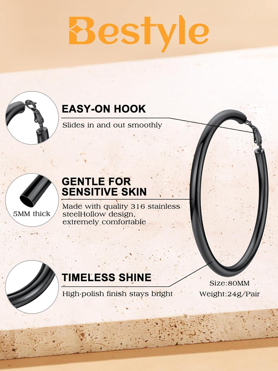Bestyle 5mm Thick Large Hoop Earrings for Women Lightweight Chunky Hoop Earrings Hollow Tube Hypoallergenic Gold/Silver/Black/Stainless Steel Earrings 30/40/60/80mm - Image 5