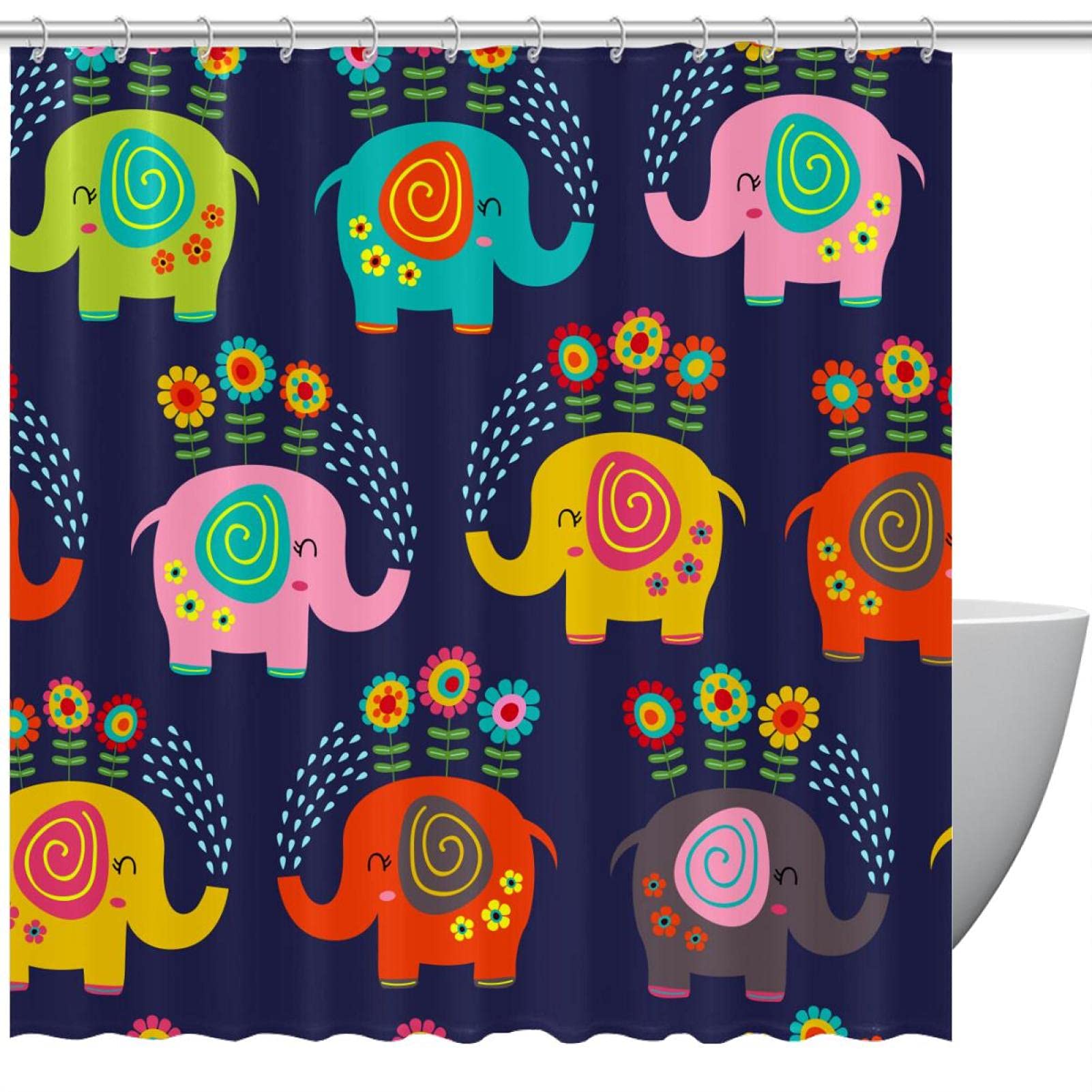 Rideau de douche imperméable éléphant anti-moisissure avec 12 crochets
