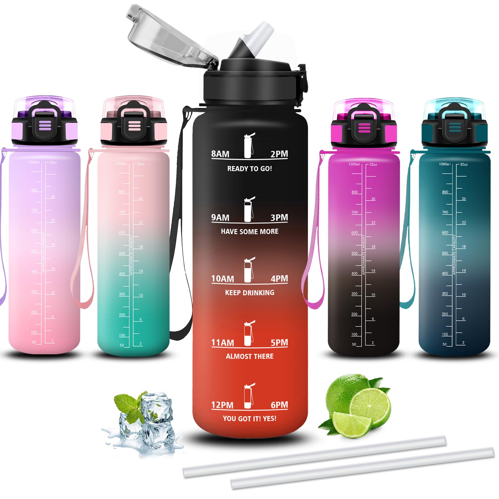 Mujigaga 1 Litre Water Bottle with Straw Leakless Gym Wide Mouth Motivational Water Bottles with Safety Closure for Fitness, Picnic, Yoga, Travel