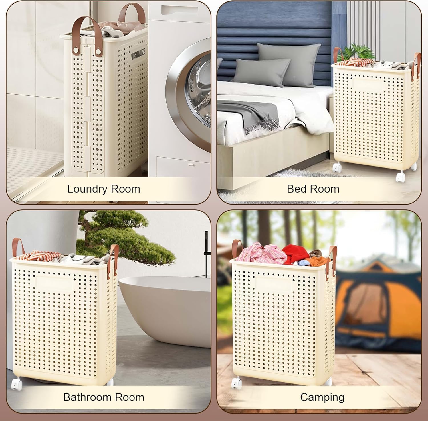 55L Foldable Laundry Basket with Wheels - Slim Rolling Laundry Hampers for Dorm, Apartments - Portable Clothes Organizer Storage Basket with Handles - Collapsible Storage Bins for Clothes, Toys
