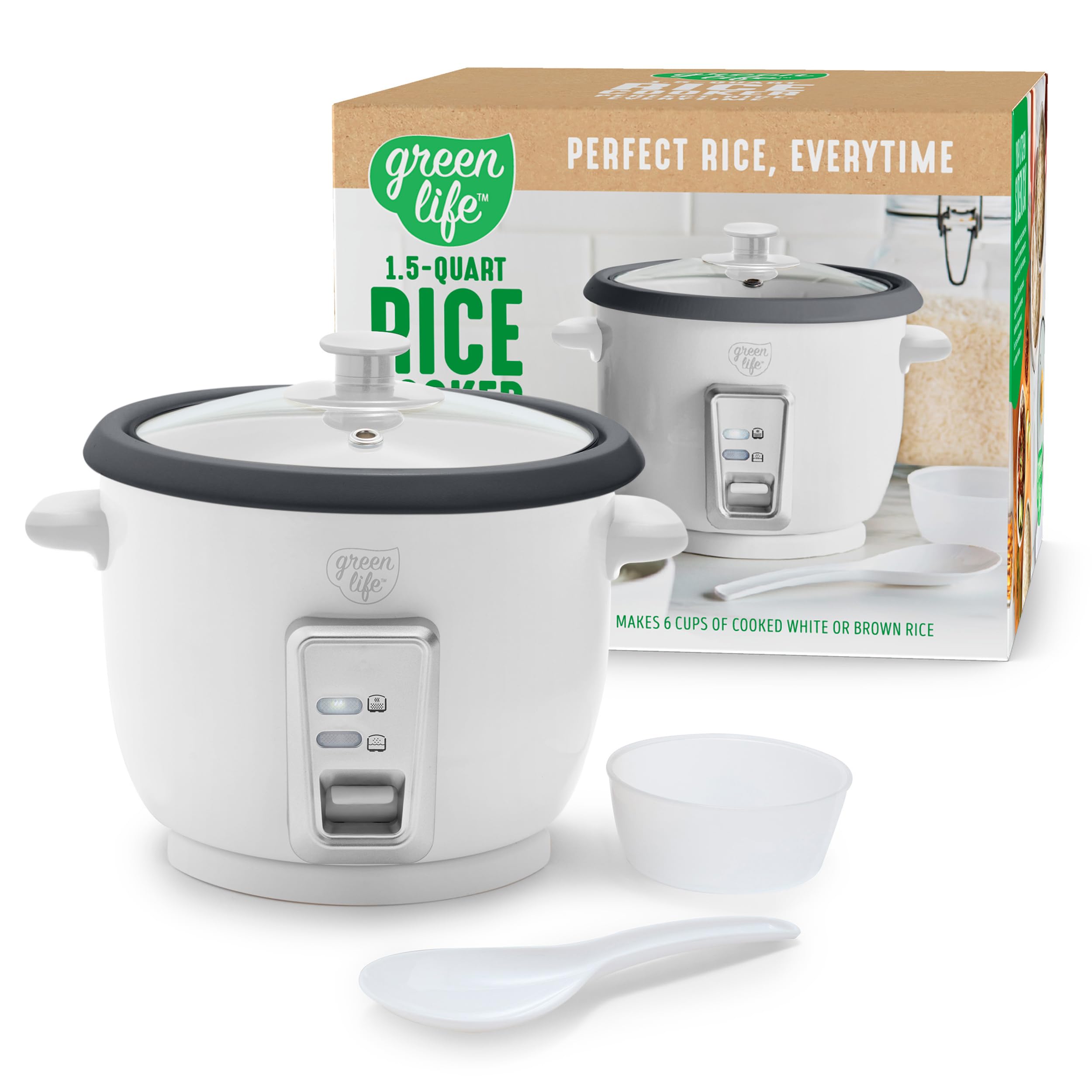 GreenLife Rice Cooker with Removable PFAS-Free Nonstick Pot, 3-Cups Uncooked/6-Cups Cooked, One-Switch Design, Auto Keep Warm Function, Soup, Grains, Oatmeal, Wood Handle, White