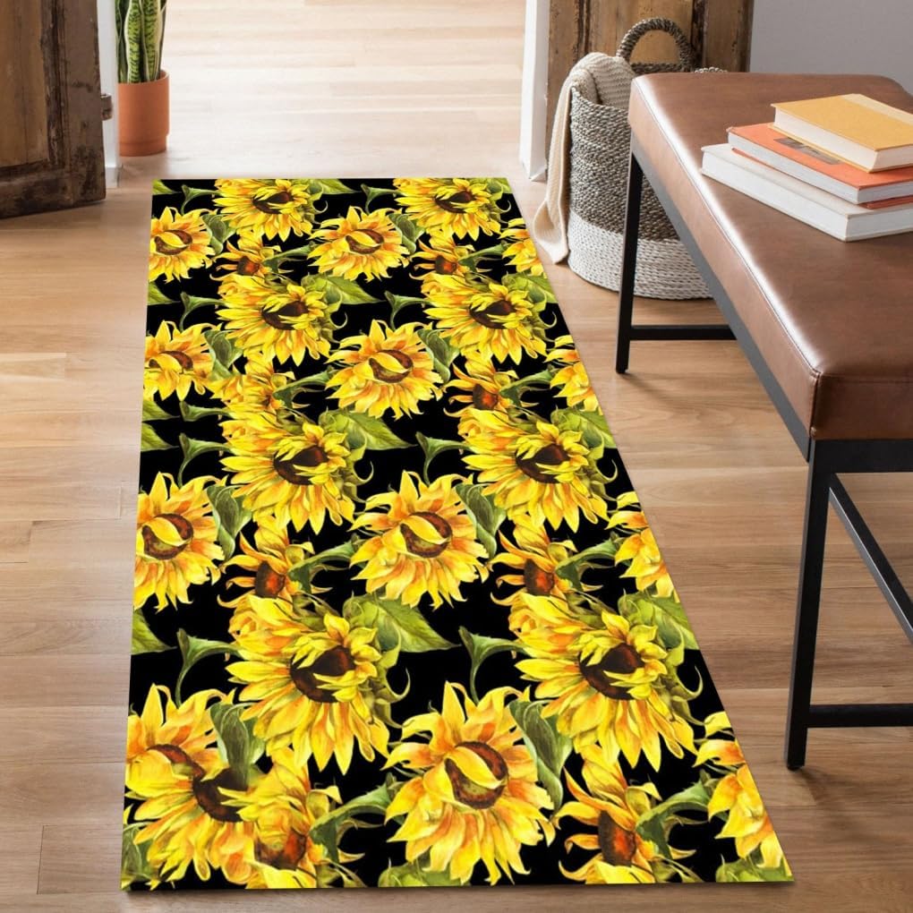 Black Yellow Green Sunflowers Leaves Modern Floral Runner Rug for Hallway Entryway Laundry Bathroom Kitchen Machine Washable Long Area Rug Waterproof Livingroom Bedroom Office Runner Carpet 2x5