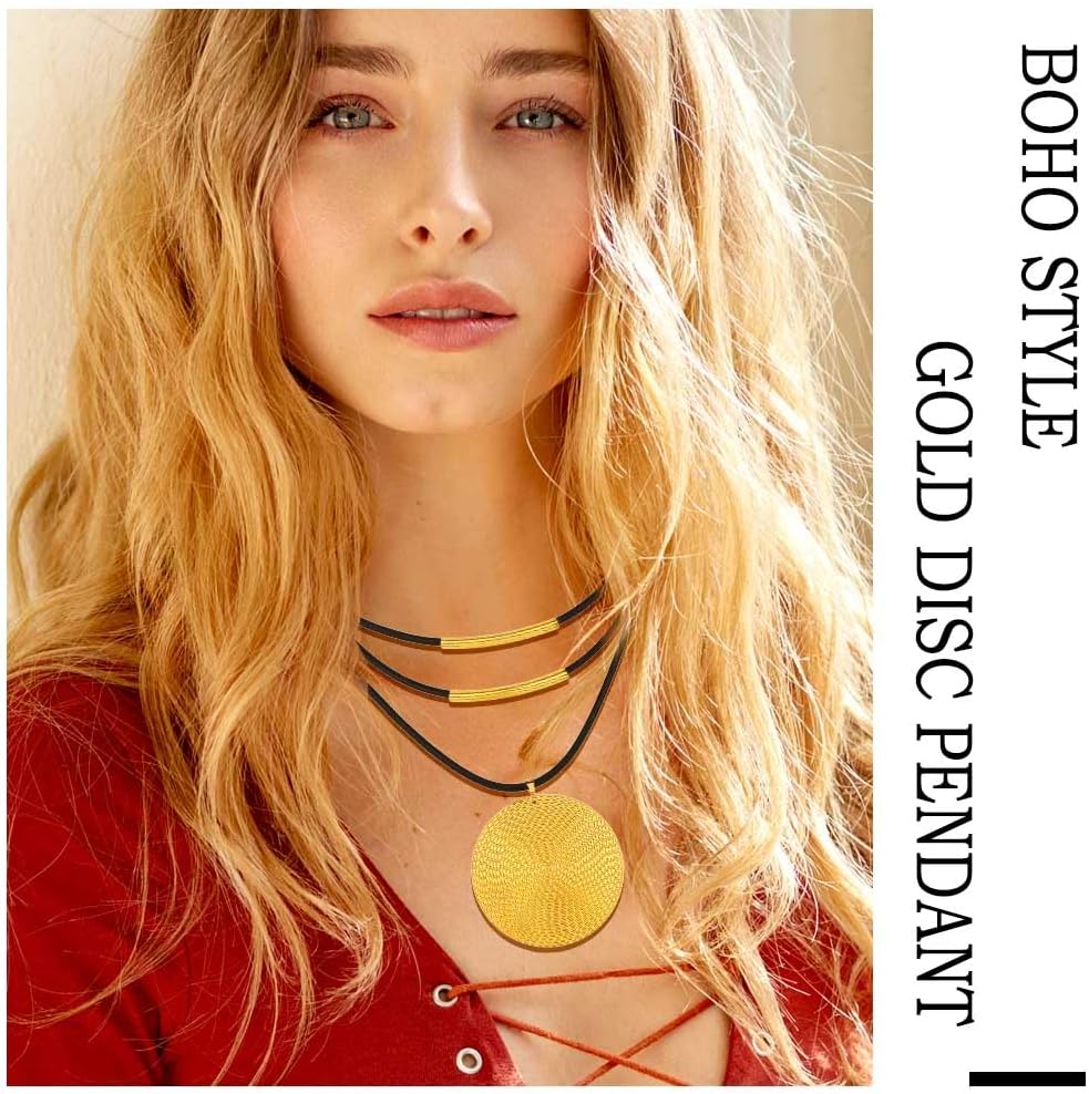 Vinzar Boho Disc Pendant Necklace Gold Round Layered Necklace Black Choker for Women - Image 5