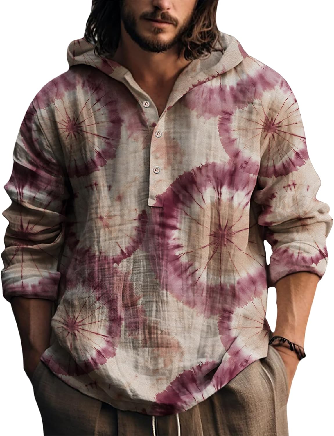 Mens Hooded Tie Dye Button Up Shirt Long Sleeve Casual Pullover Top Relaxed Fit Beach Vacation Streetwear