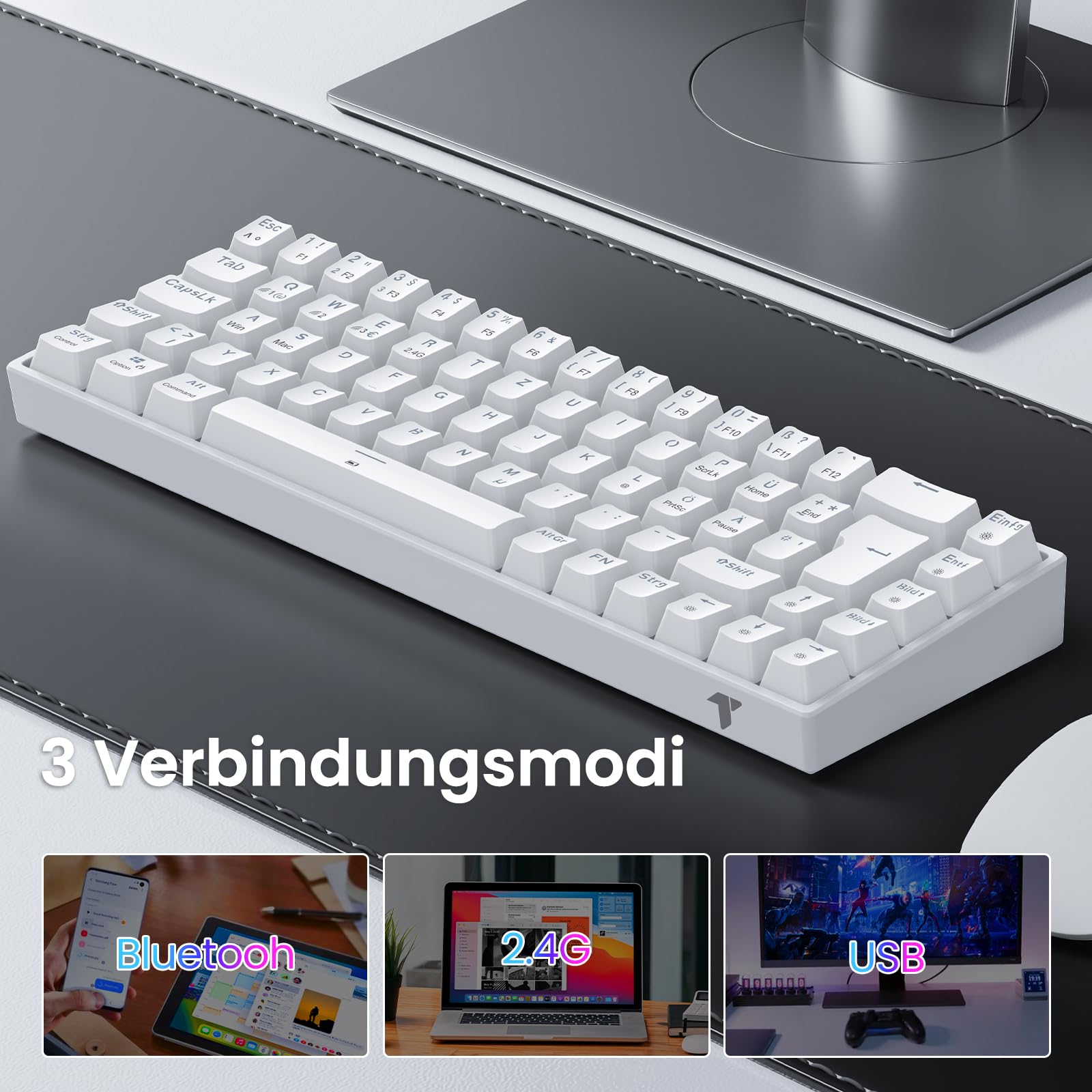 TECURS Klawiatura mechaniczna gamingowa bezprzewodowa klawiatura RGB QWERTZ Bluetooth / 2,4 G/podświetlana kablem 65% TKL czerwony przełącznik do iPhone'a/Android/PC/Mac / PS4, biała