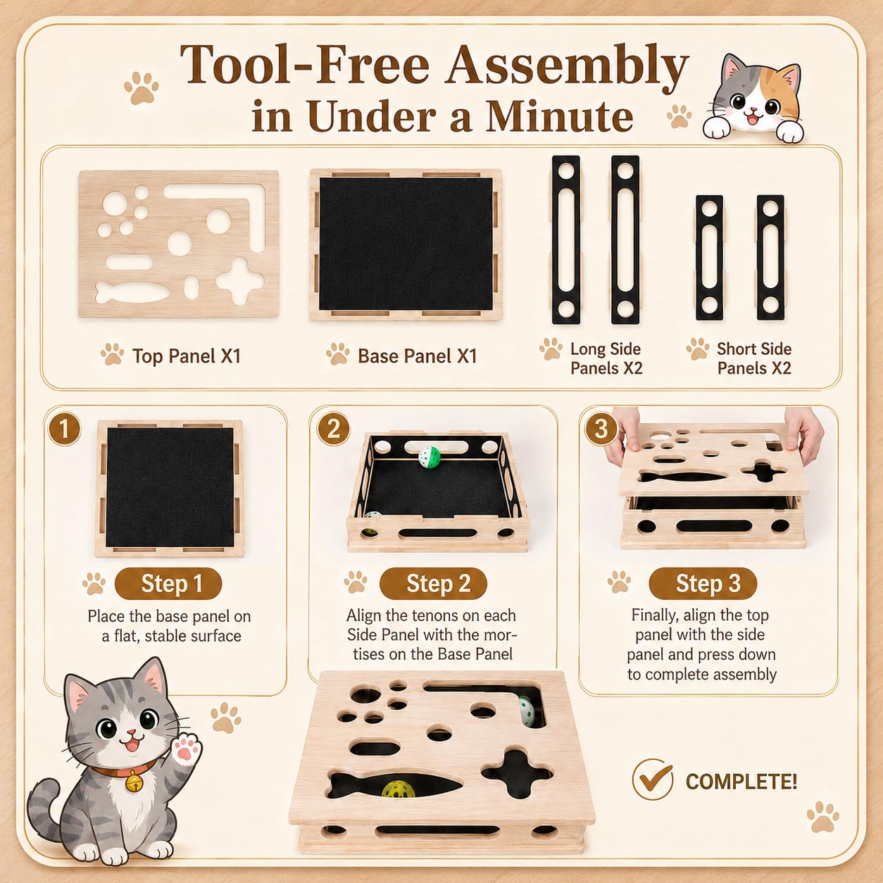Boîte d'Enrichissement pour Chat, Boîte à griffer en Bois pour Chat, Grand Jouet d'enrichissement, 39 x 30 cm, Jouet Chat Interieur en Bois avec Lime à Ongles, Papier de Verre et 3 balles