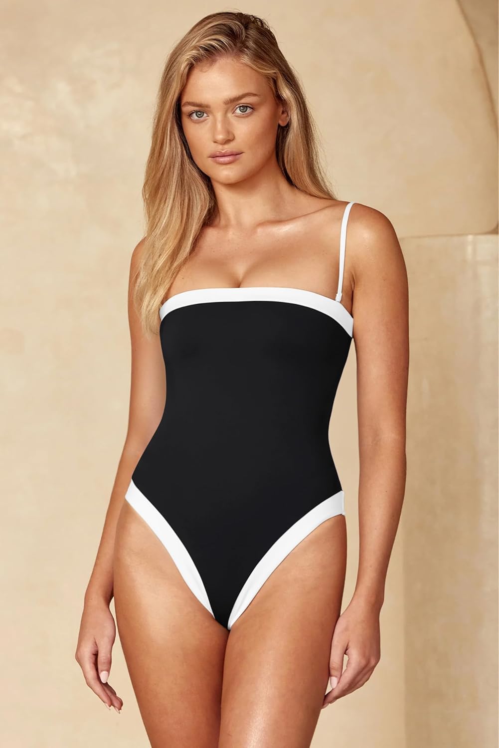 LASLULU Womens Sexy One Piece Swimsuit Strapless Padded Square Neck Bandeau Bathing Suits with Adjustable Spaghetti Straps - Image 2