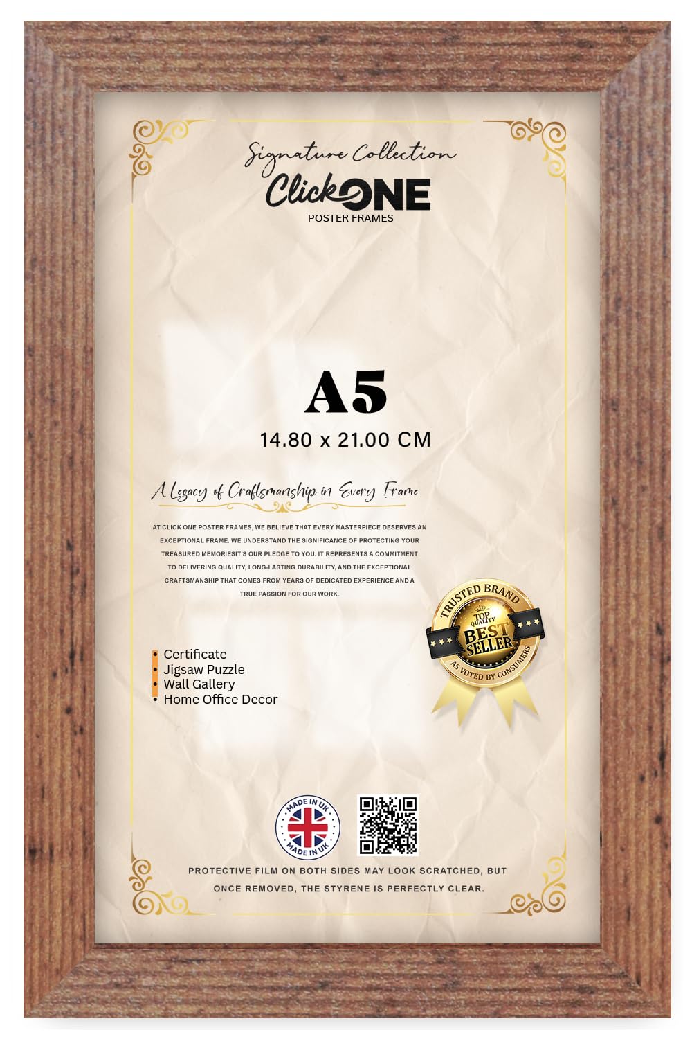 Click One — Elegant Rectangle Poster Picture A5 (14.80 X 21.00 CM) | Solid Engineered Wood Finish, Hanging Hooks For Portrait And Landscape Display, Rustic Home Wall Photo Display Print