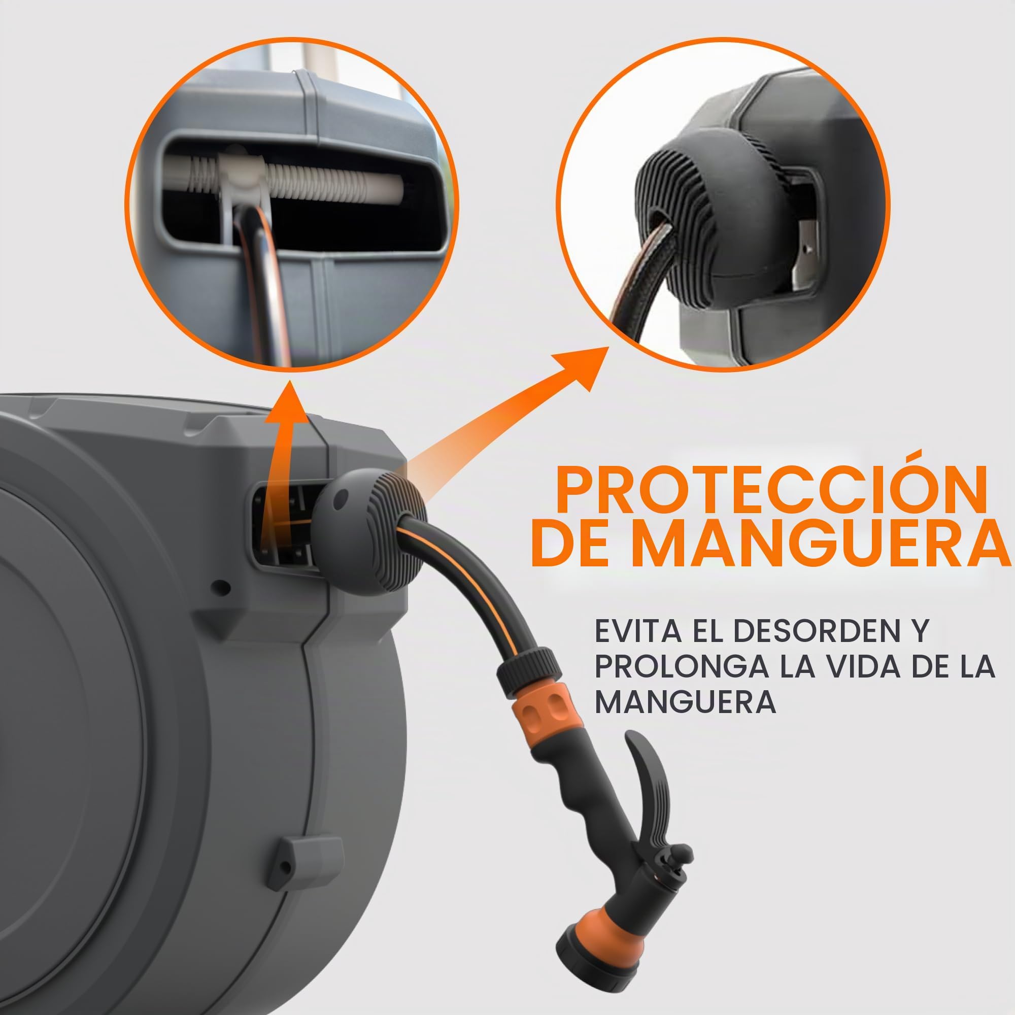 Giraffe Tools Enrollador de manguera retráctil de montaje en pared, 25 + 2 m, giratorio a 180° con boquilla de pulverización 7 en 1