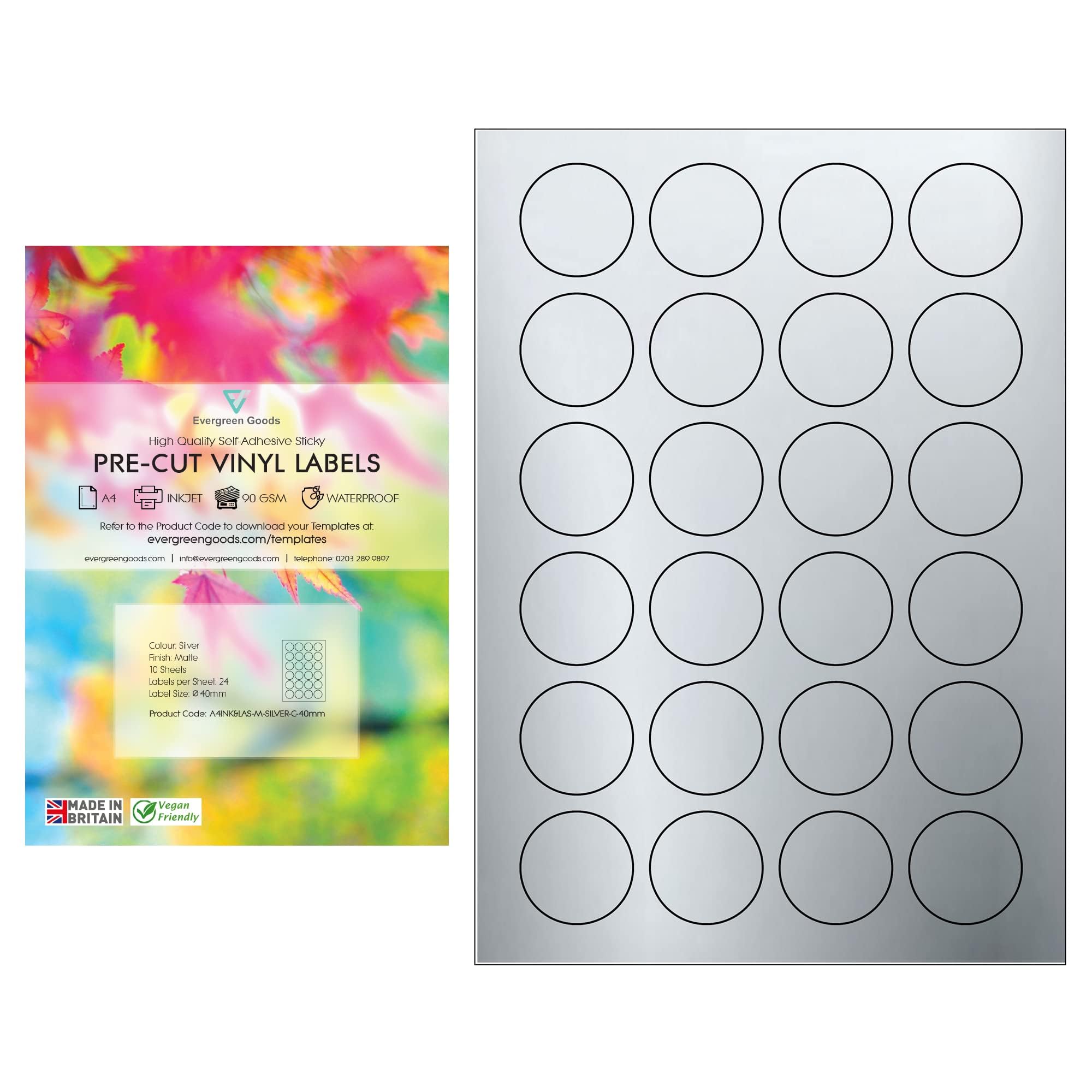 Evergreen Goods A4 Round Precut Sticker Labels - Waterproof Matte Silver | 40mm (24 Labels per Sheet, 240 in Total) 10 Sheets | Inkjet Laser Printable Sticky-Back Self Adhesive Circular Circle Vinyl — image 1