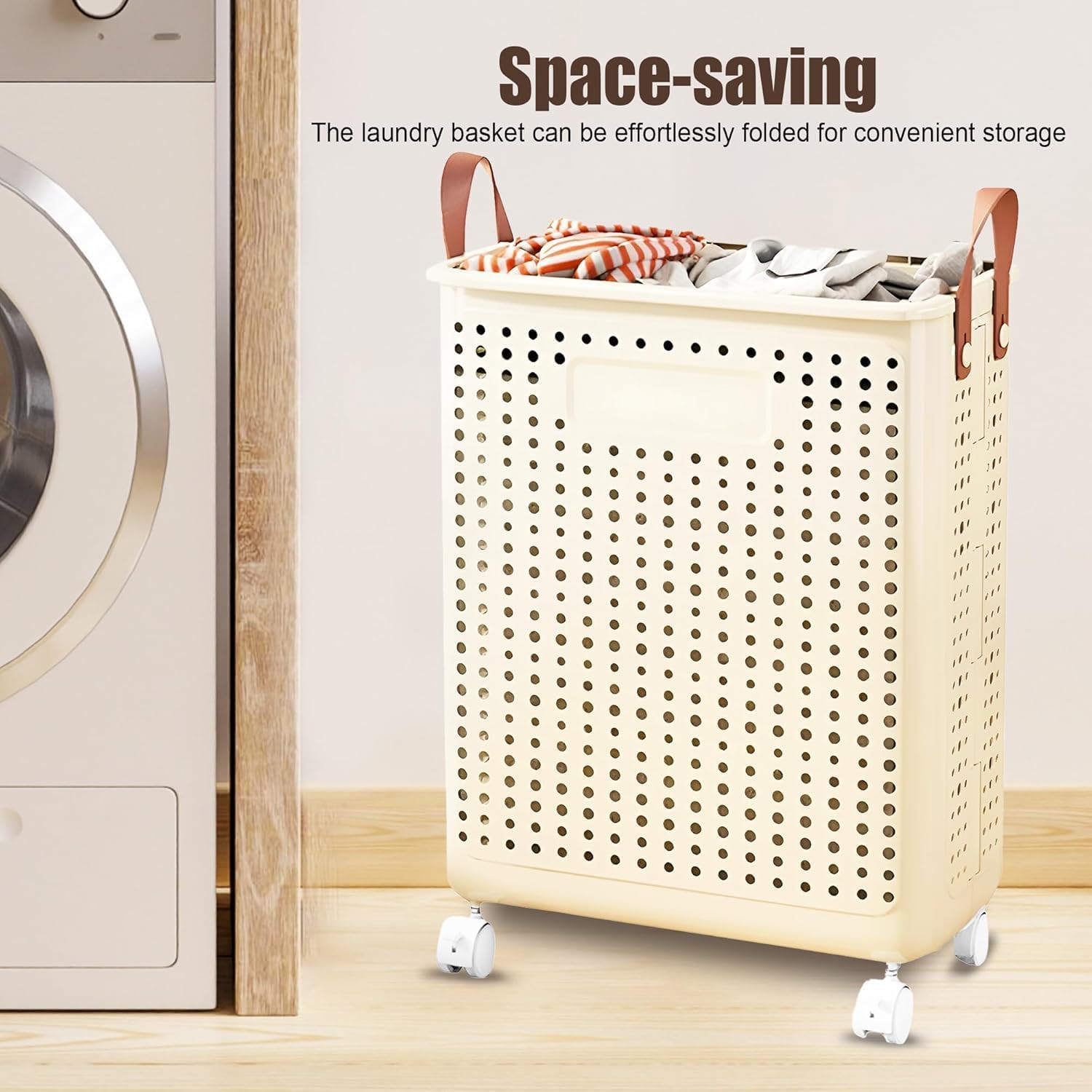 55L Foldable Laundry Basket with Wheels - Slim Rolling Laundry Hampers for Dorm, Apartments - Portable Clothes Organizer Storage Basket with Handles - Collapsible Storage Bins for Clothes, Toys