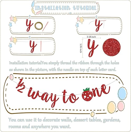 Miniatura 2 de Cartel de Half Way To One, decoración de fiesta de bebé con temática de fresa, decoración de fiesta de cumpleaños de 12 de bayas con purpurina roja